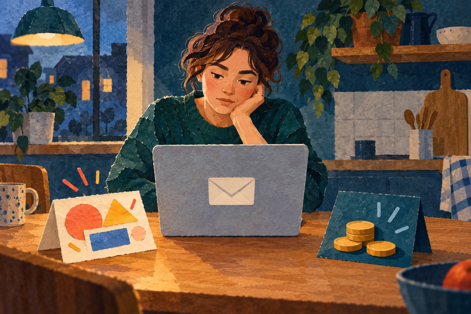 Conceptuele AI-illustratie van een jonge volwassene bij een laptop, met een reclamekaart en munten als symbolen voor een betaalkeuze.