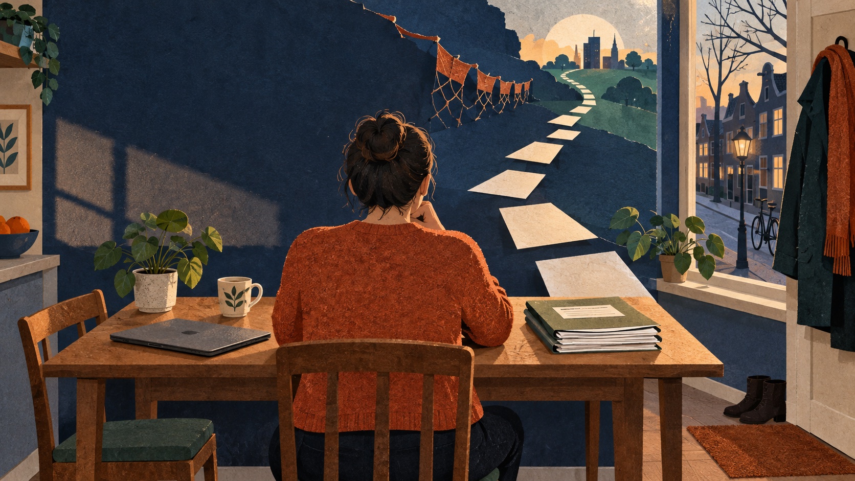 Conceptuele AI-illustratie: een werkzoekende zit aan de keukentafel met een gesloten laptop en papieren, terwijl een pad naar buiten zichtbaar is.