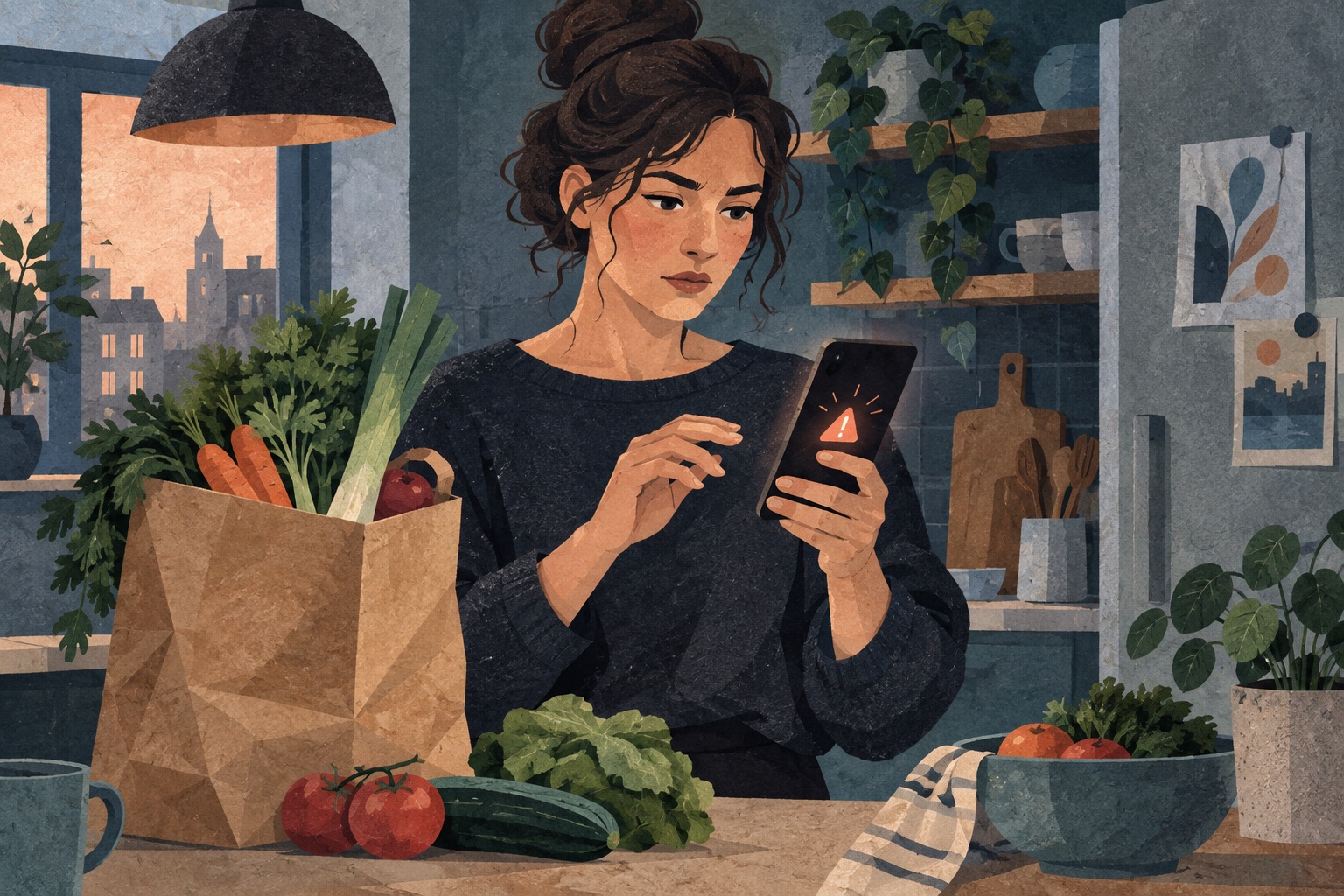 Illustratie van een klant die in de keuken een verdacht bericht op een telefoon bekijkt.