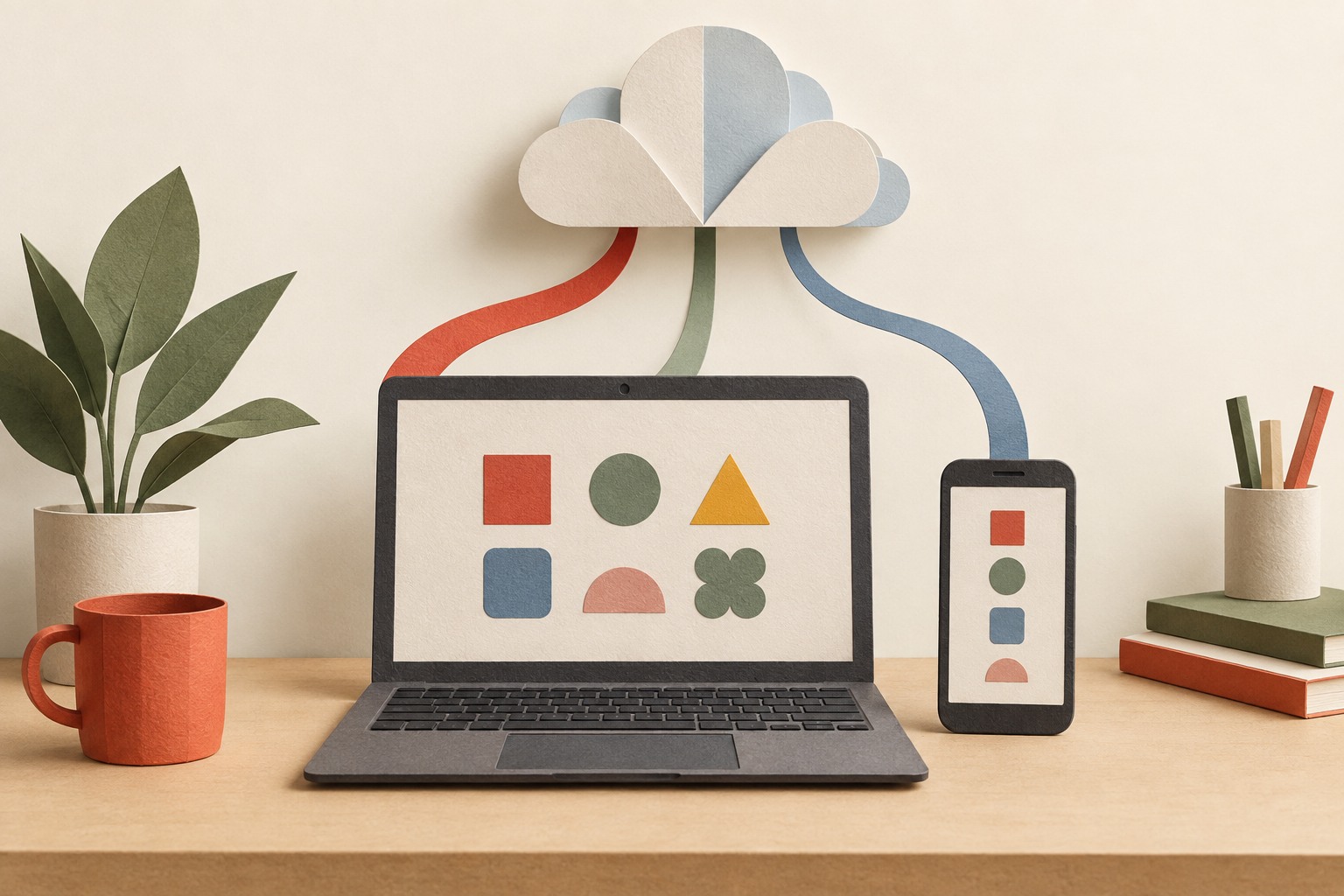Conceptuele AI-illustratie in papiercollagestijl: een laptop, telefoon en wolk met abstracte appvormen; geen werkelijk Googlebook-model.