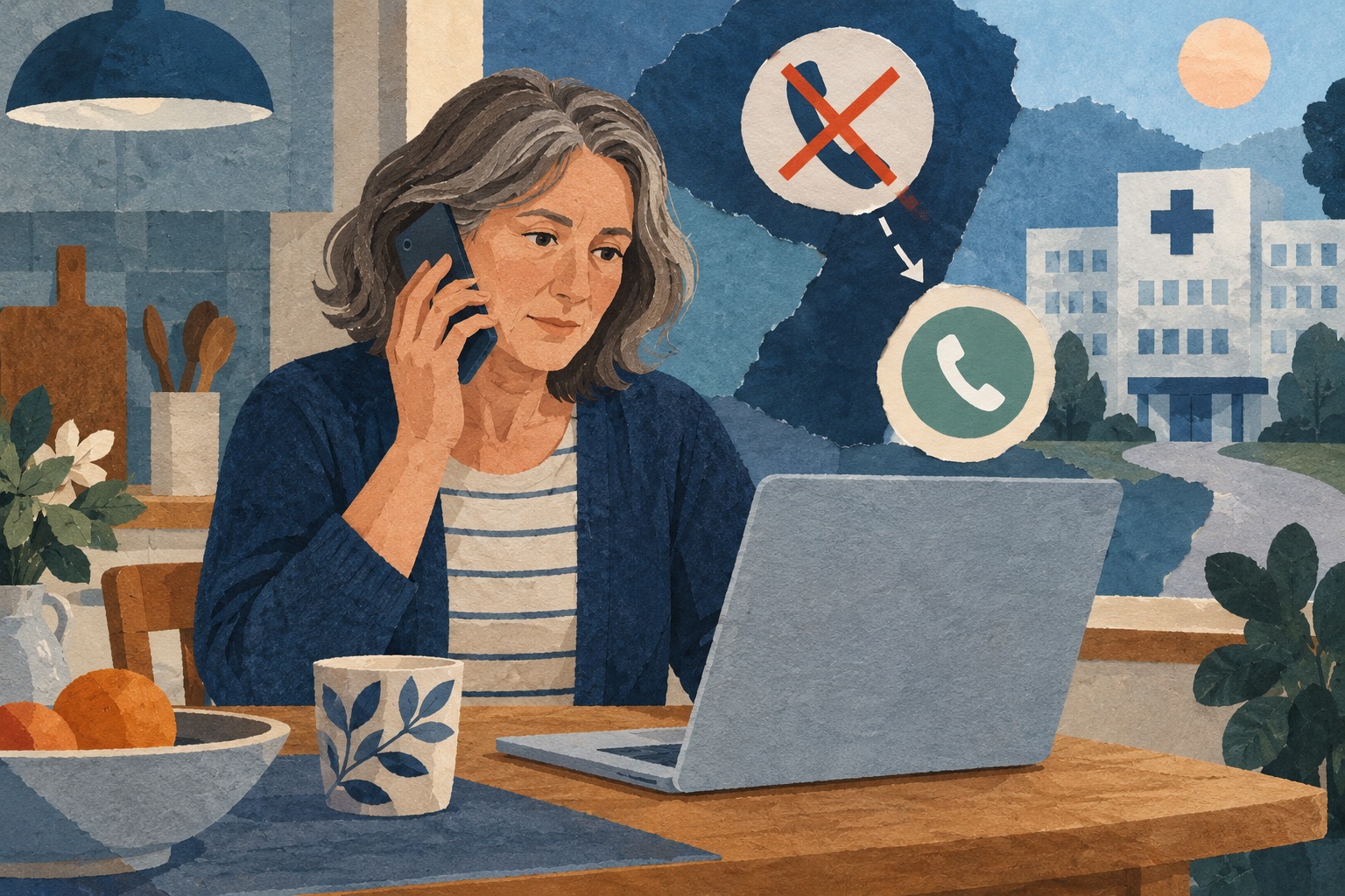 Illustratie van een vrouw die thuis met een telefoon en laptop contact met een ziekenhuis zoekt.