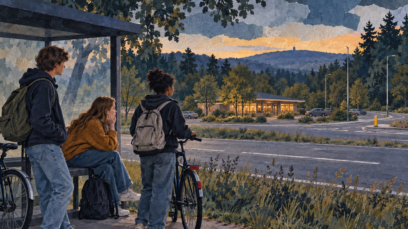 Geschilderde illustratie van drie jongeren bij een bushalte die uitkijken over een weg naar een onopvallend restaurant aan een bosrand.