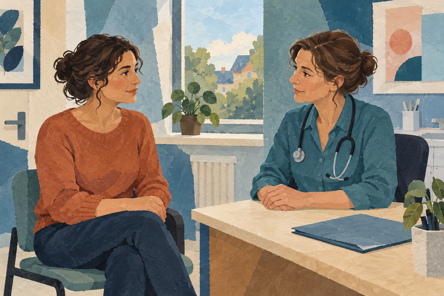 AI-illustratie van een volwassen vrouw die tegenover een huisarts zit tijdens een rustig gesprek in een spreekkamer.