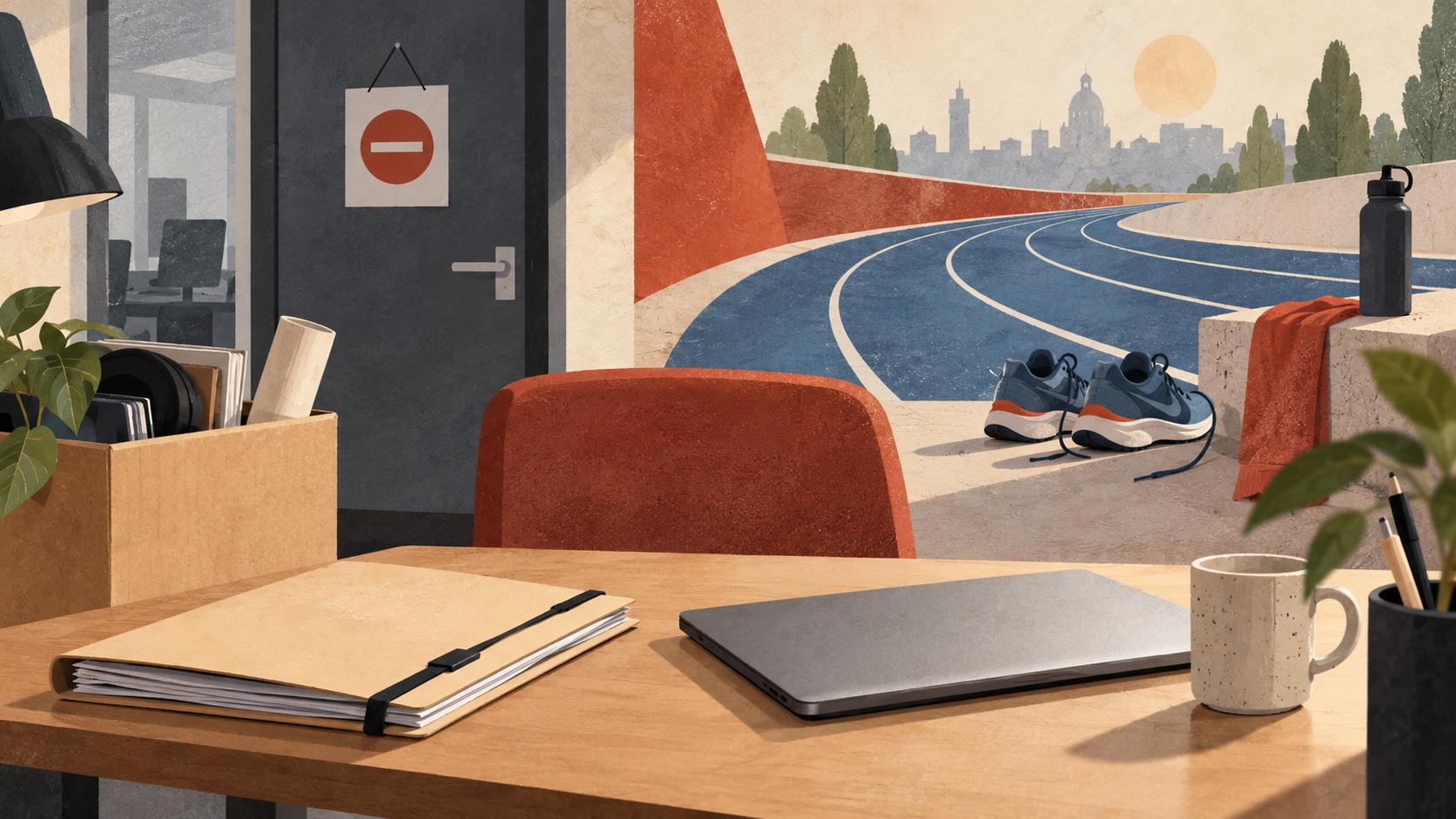 Conceptuele illustratie van een werkplek met laptop en sportschoenen bij een atletiekbaan; geen beeld van de echte brand.