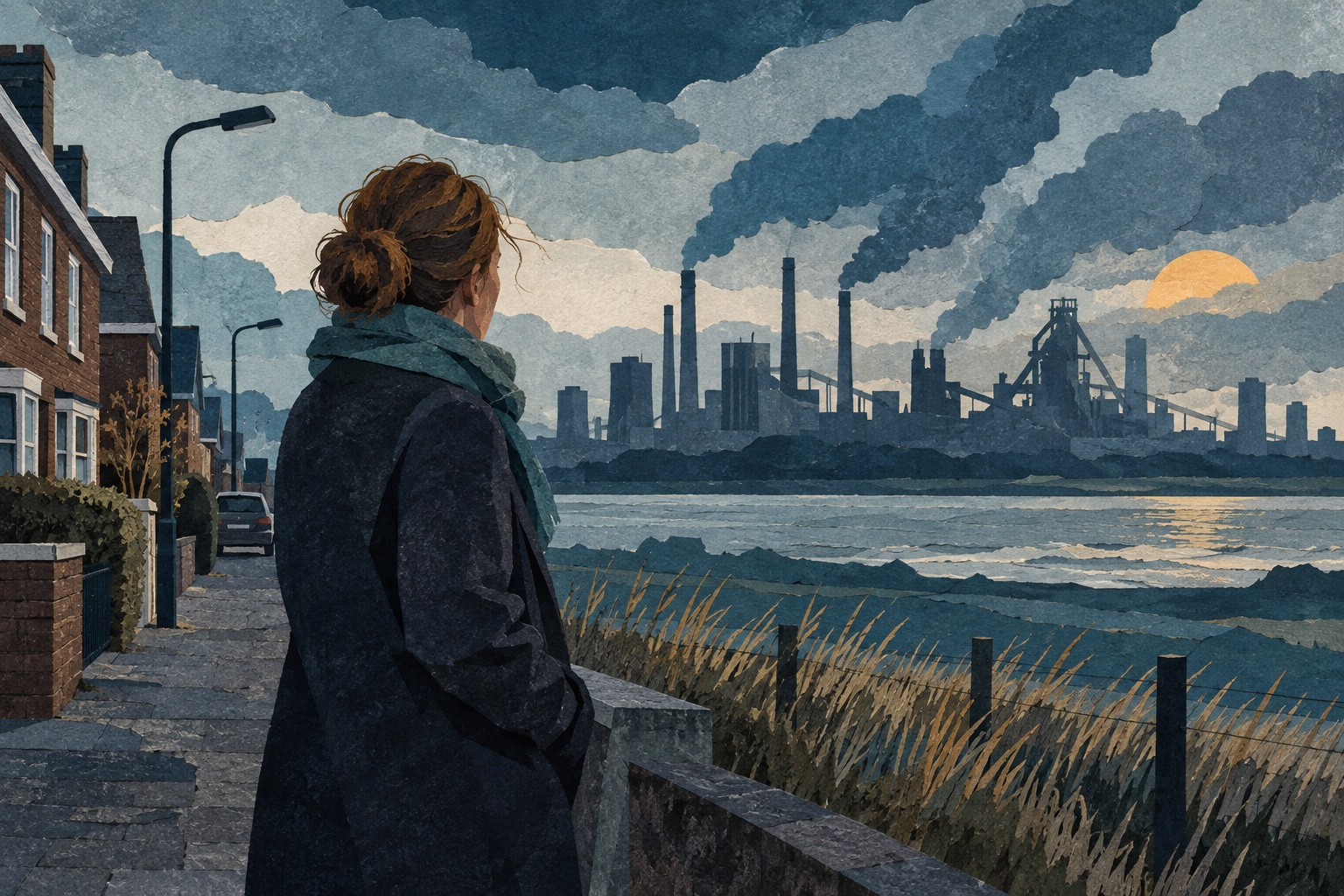 Illustratie: een bewoner kijkt vanaf een straat richting een staalfabriek aan het water.