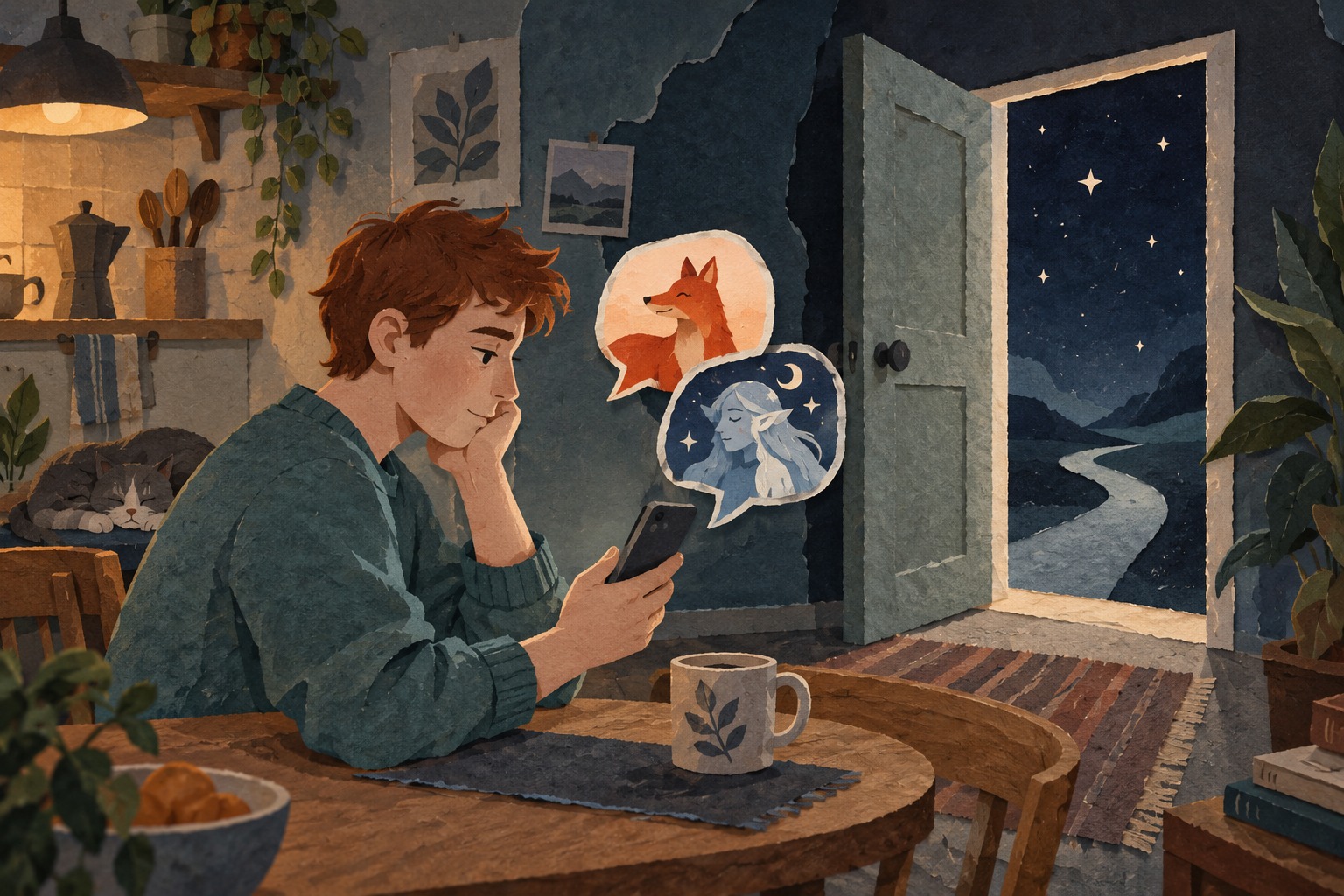 Geschilderde papiercollage van een jongvolwassene met een telefoon, twee fantasiepersonages in praatwolkjes en een open deur.