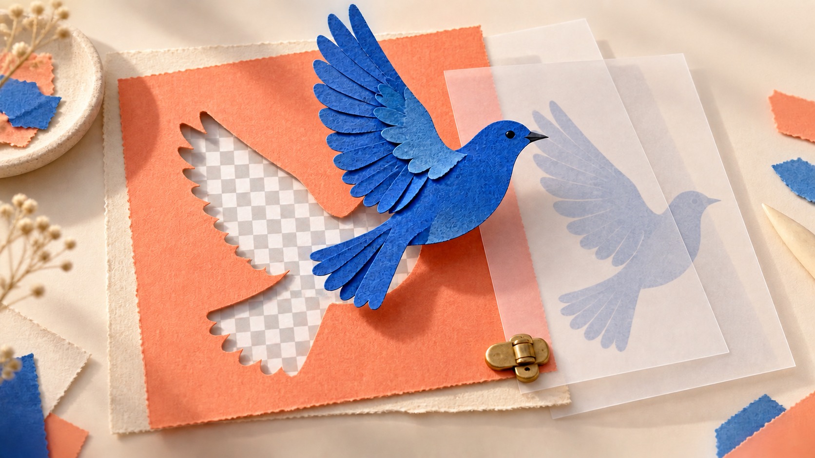 Conceptuele AI-illustratie van een blauwe papieren vogel boven losse lagen papier en een ruitjespatroon.
