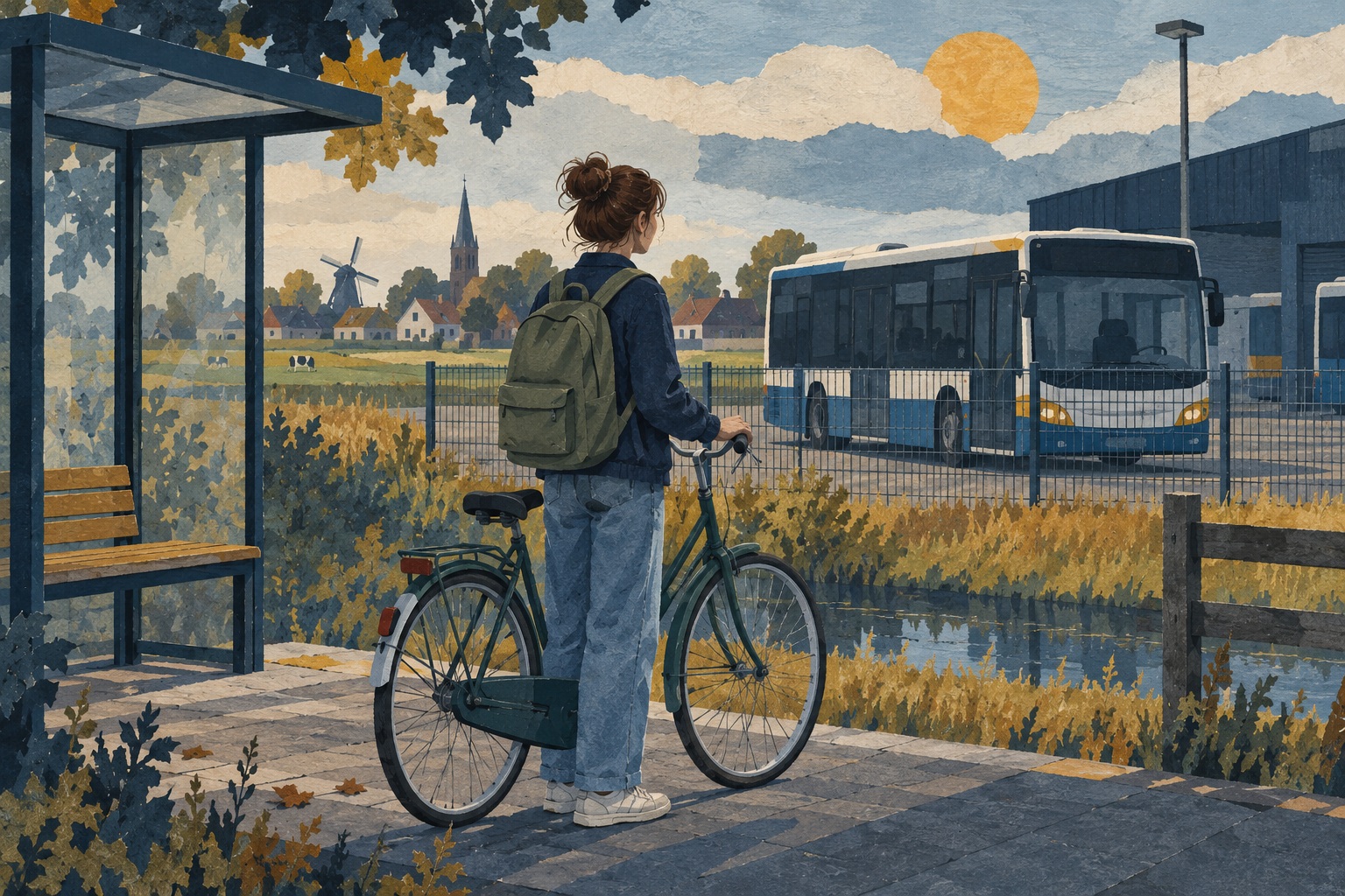 Een jonge reiziger met rugzak staat naast een fiets bij een bushalte; achter een hek staat een geparkeerde bus.