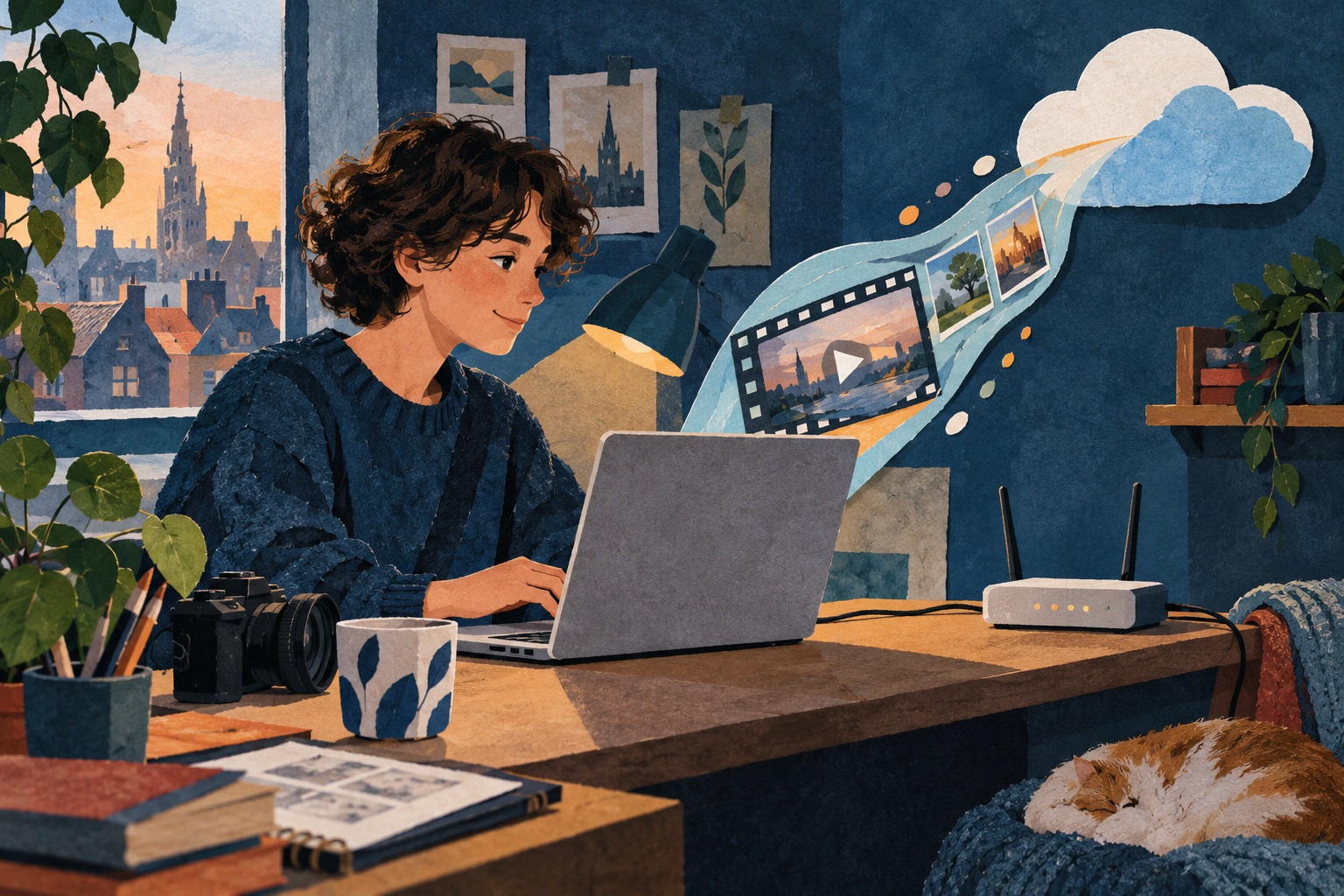 Conceptuele illustratie van een jonge videomaker die thuis via een laptop beelden naar een wolk verstuurt.