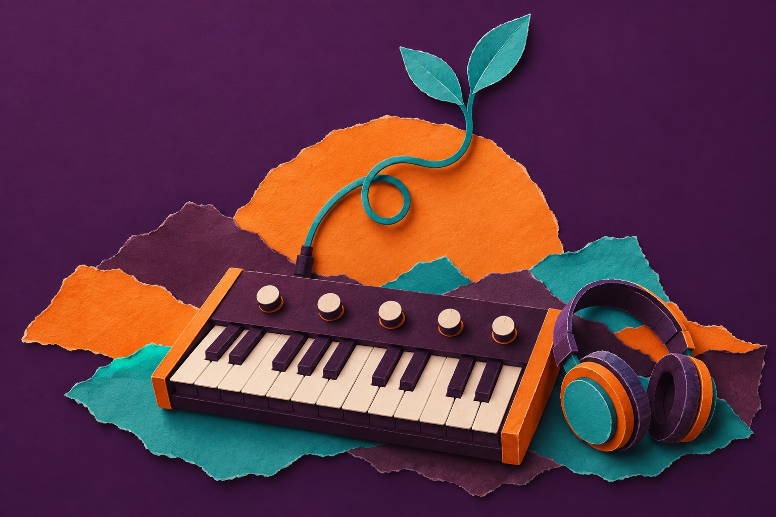 Conceptuele AI-papiercollage van een synthesizer, koptelefoon en ontkiemende audiokabel.