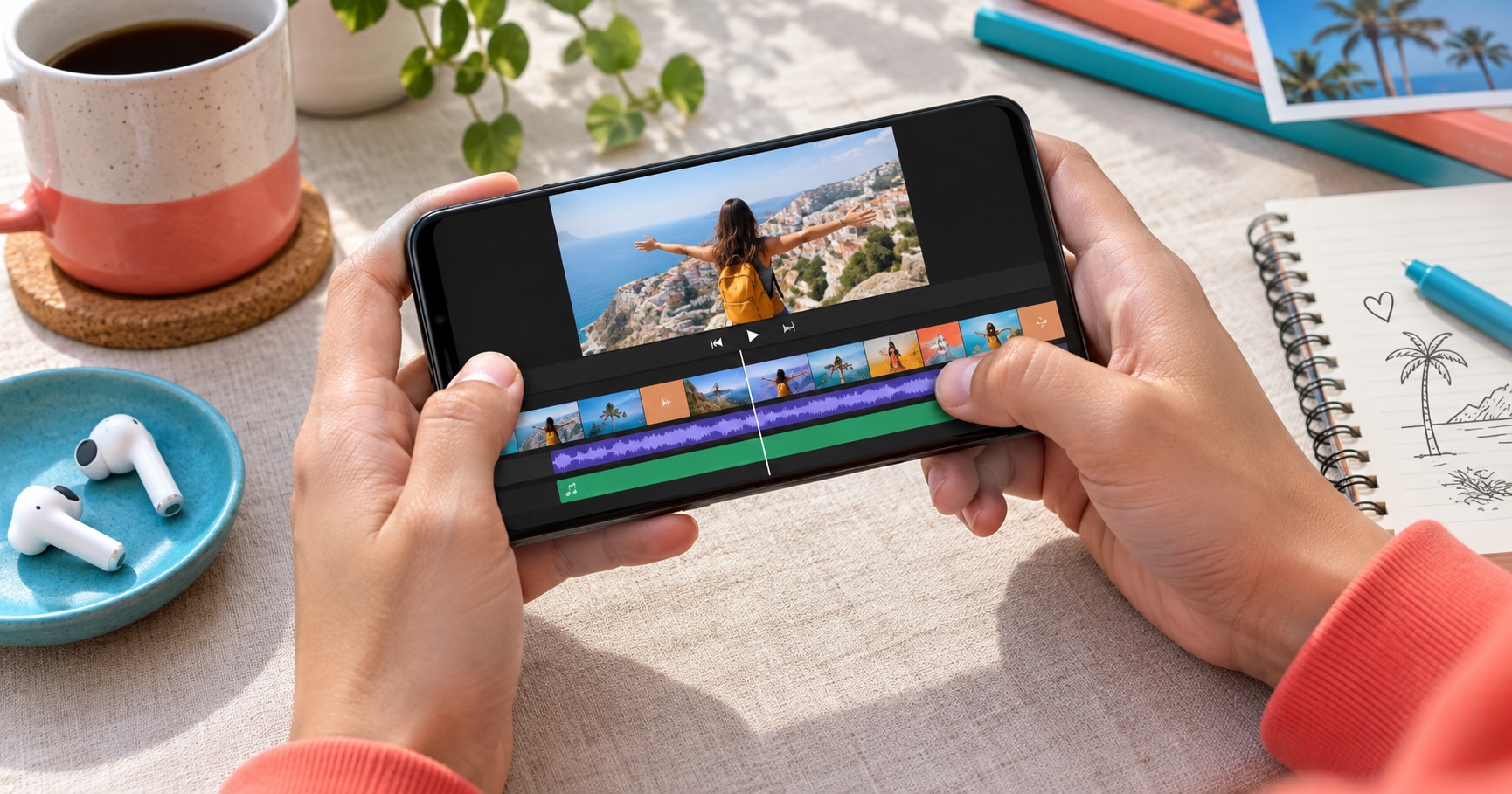 Conceptuele AI-afbeelding: handen monteren op een smartphone een video met beeld- en geluidssporen; dit is geen screenshot van Adobe Premiere.