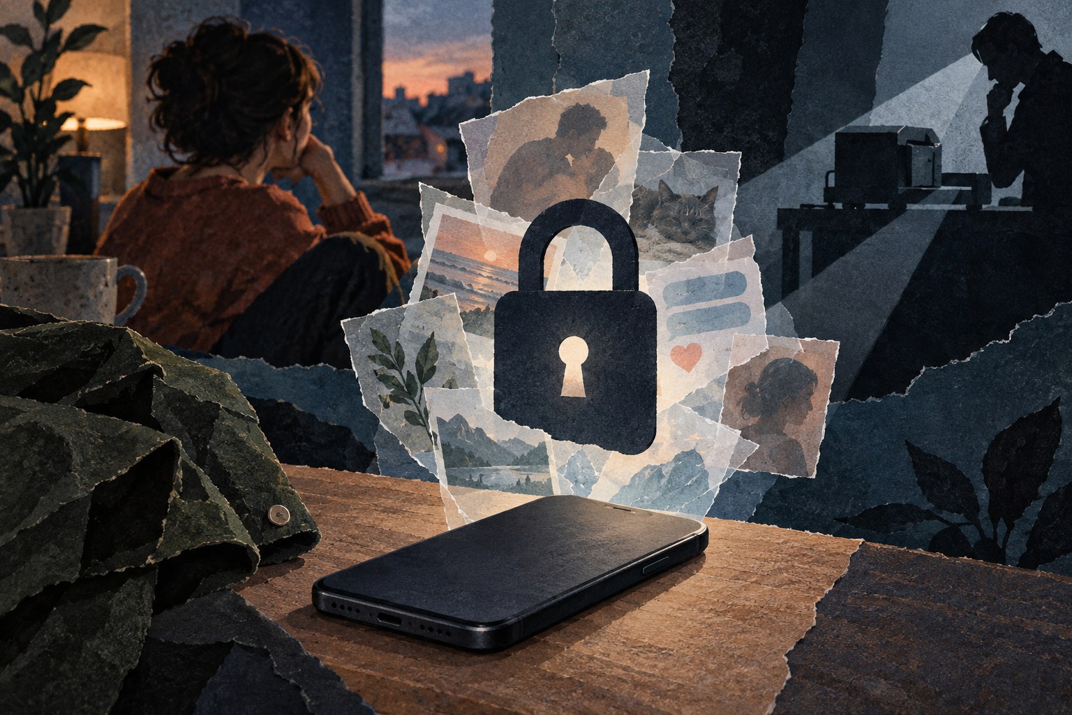 Conceptuele geschilderde papiercollage: een vergrendelde telefoon en privébeelden achter een slot, met op afstand een onderzoekstoestel als schaduw.