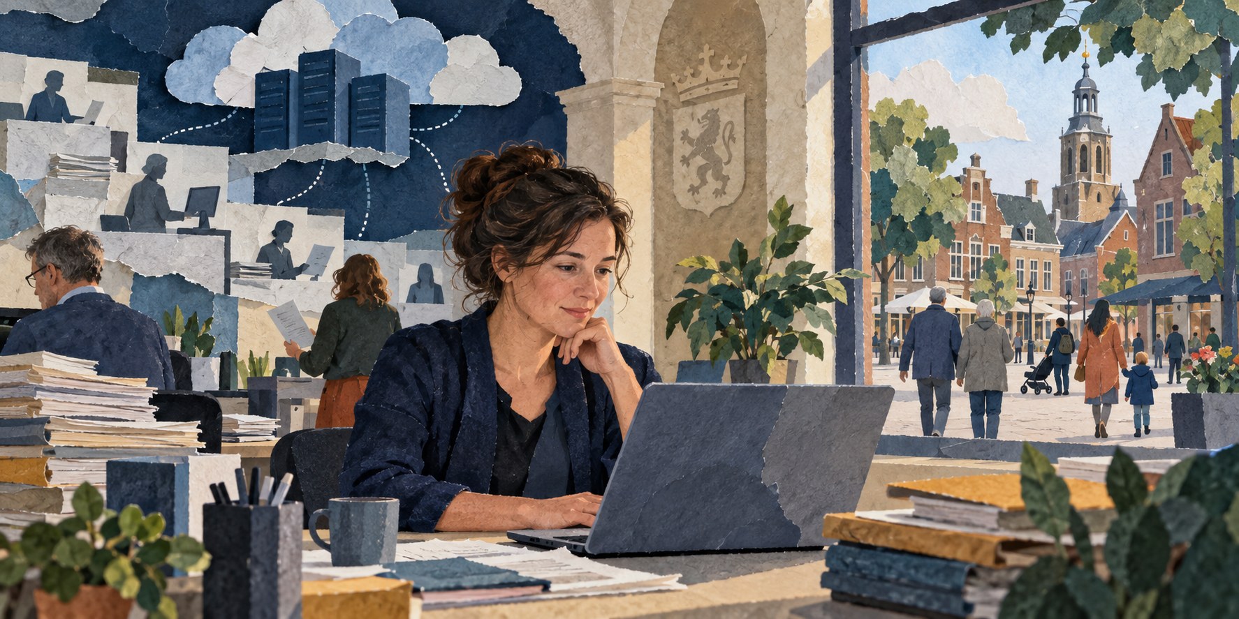 Conceptuele papiercollage: een gemeenteambtenaar werkt aan een laptop; achter haar zijn digitale voorzieningen te zien en buiten lopen inwoners over een plein.
