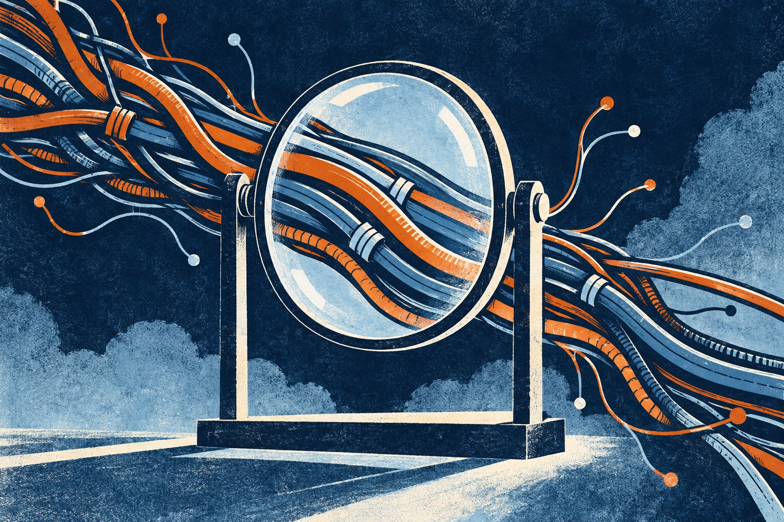 Conceptuele AI-illustratie: vertakkende kabels lopen door en langs een grote inspectielens.