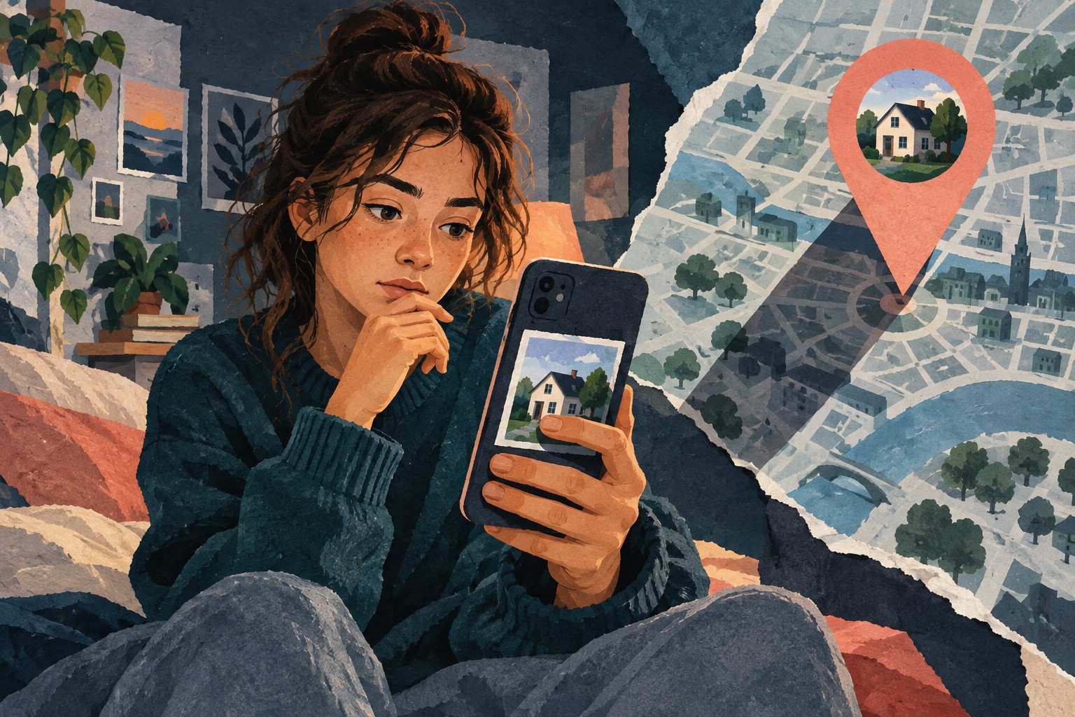 Conceptuele papiercollage van een jongere die een foto van een huis op haar telefoon bekijkt, met daarnaast een kaart en locatiepin.