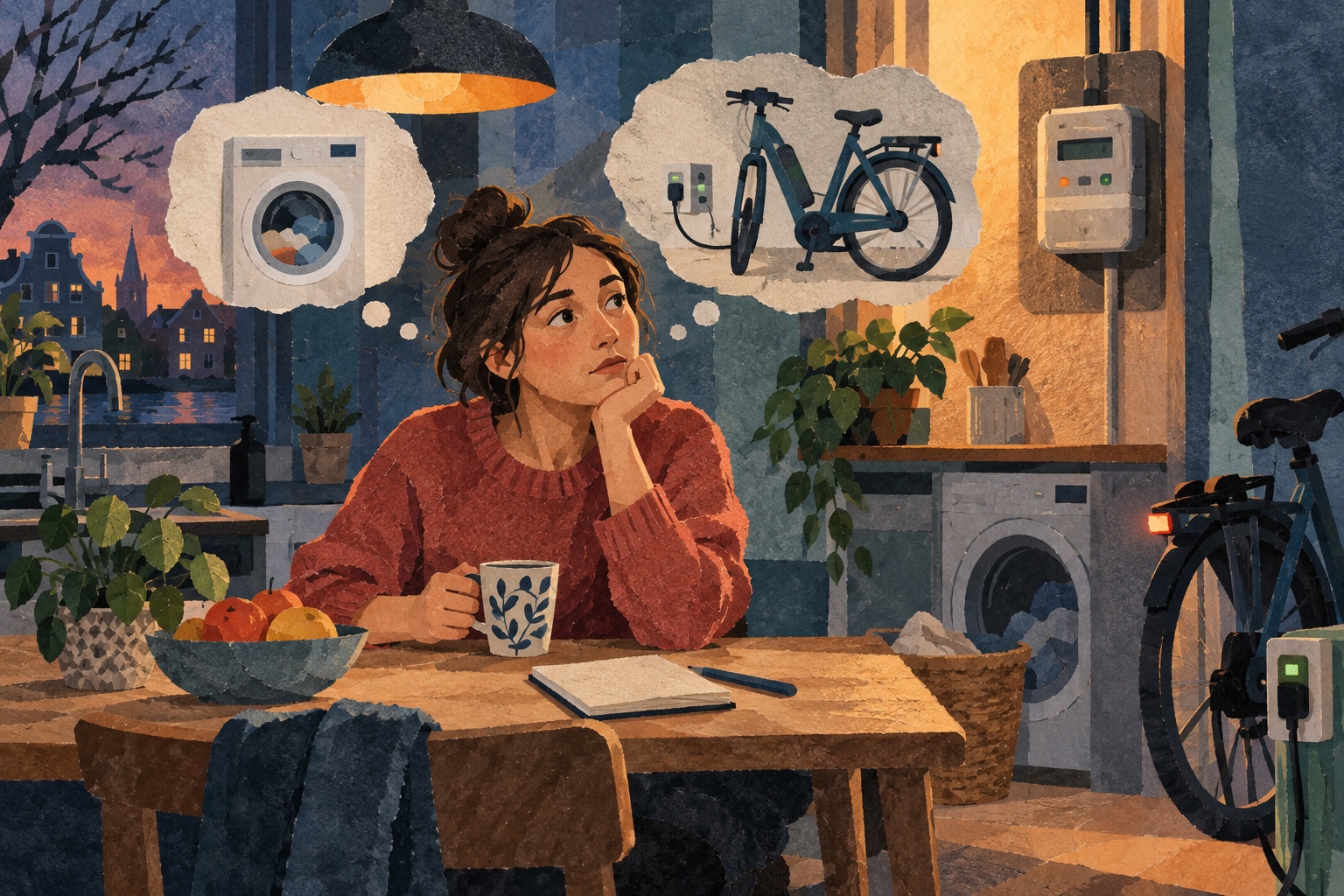 Illustratie van een vrouw aan de keukentafel die nadenkt over het stroomgebruik van een wasmachine en elektrische fiets.