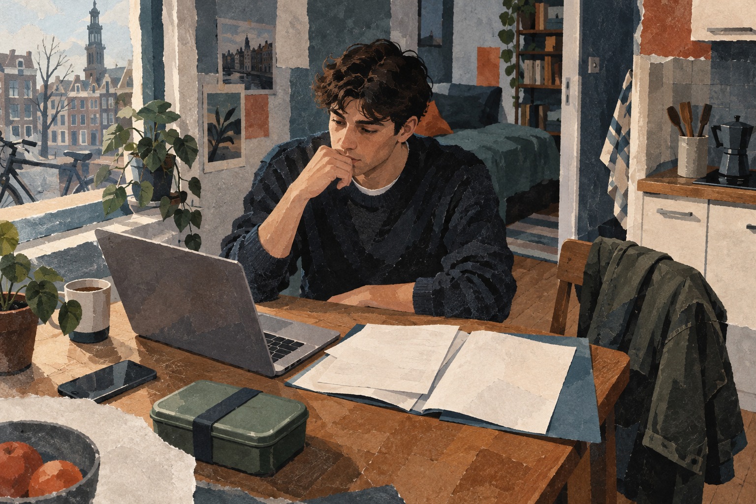 Conceptuele collage van een jonge man met een laptop, een map en een broodtrommel aan een keukentafel.