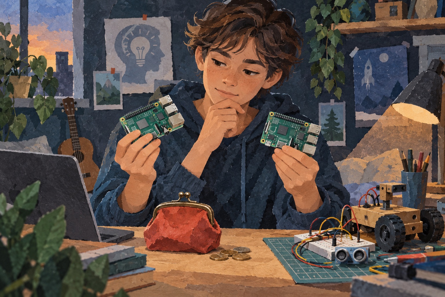 Conceptuele illustratie van een jonge maker die twee minicomputerbordjes vergelijkt bij een elektronicaproject en een portemonnee.