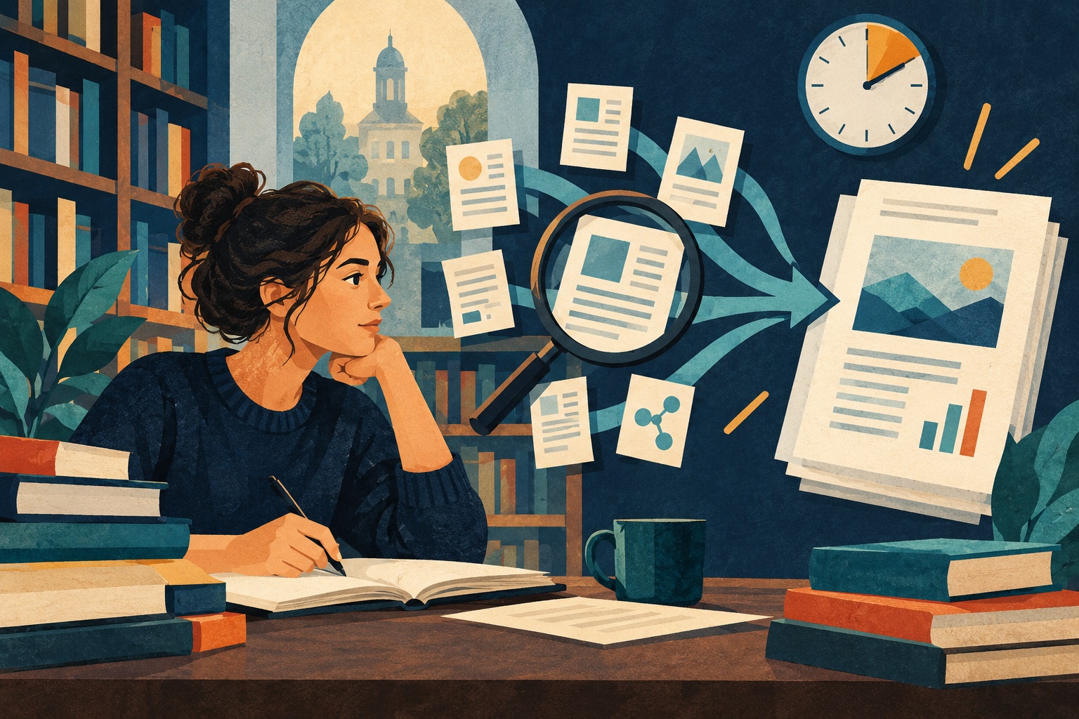 Conceptuele AI-illustratie van een onderzoeker in een bibliotheek met een notitieboek, bronbladen, vergrootglas en klok.