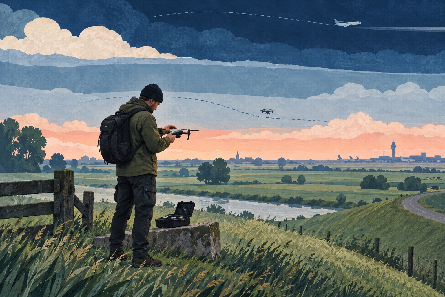 Illustratie van een dronebestuurder op een dijk, met een luchthaven ver aan de horizon.