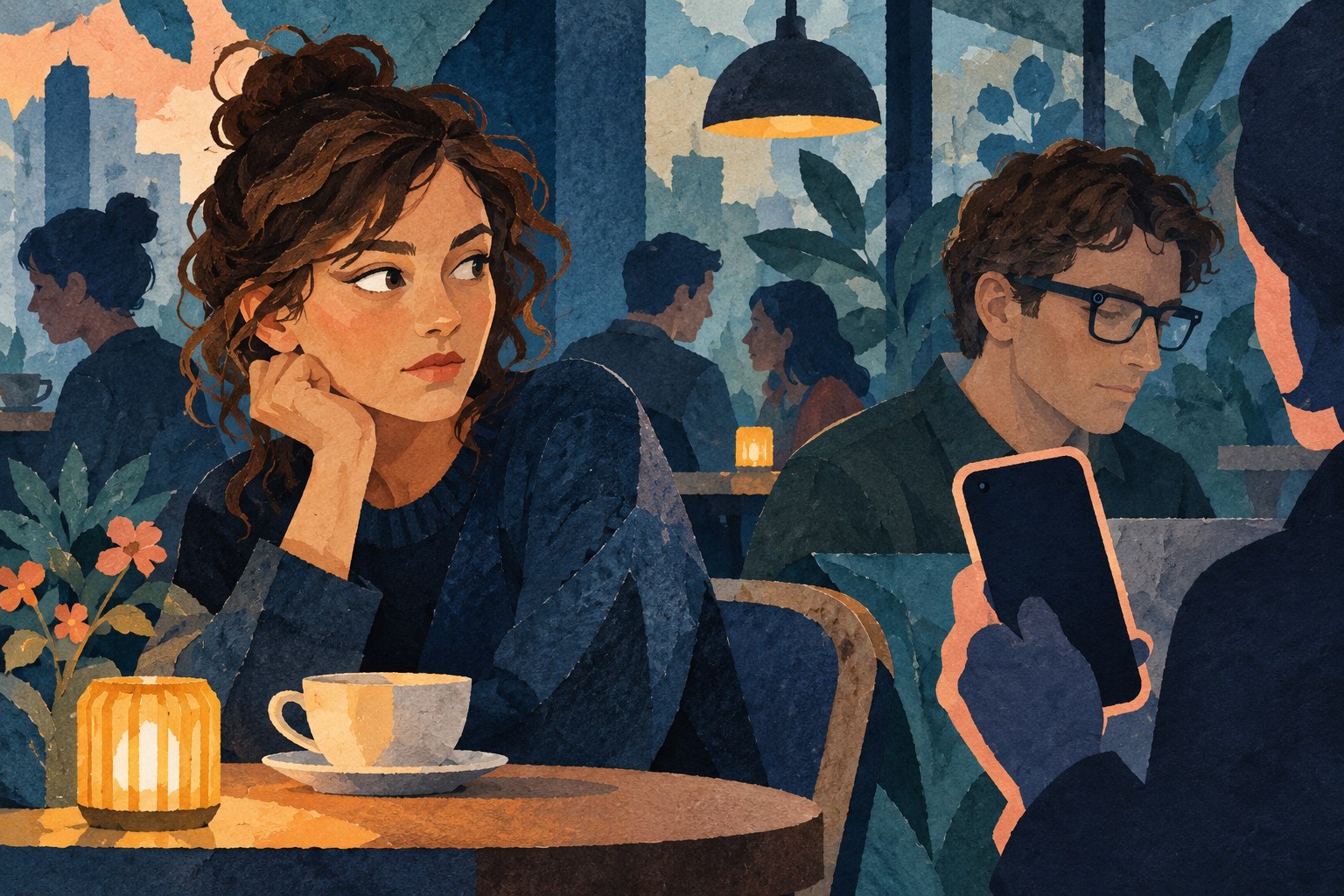 Geschilderde papiercollage van een jonge vrouw in een café die een kleine camera in de bril van een andere bezoeker opmerkt.