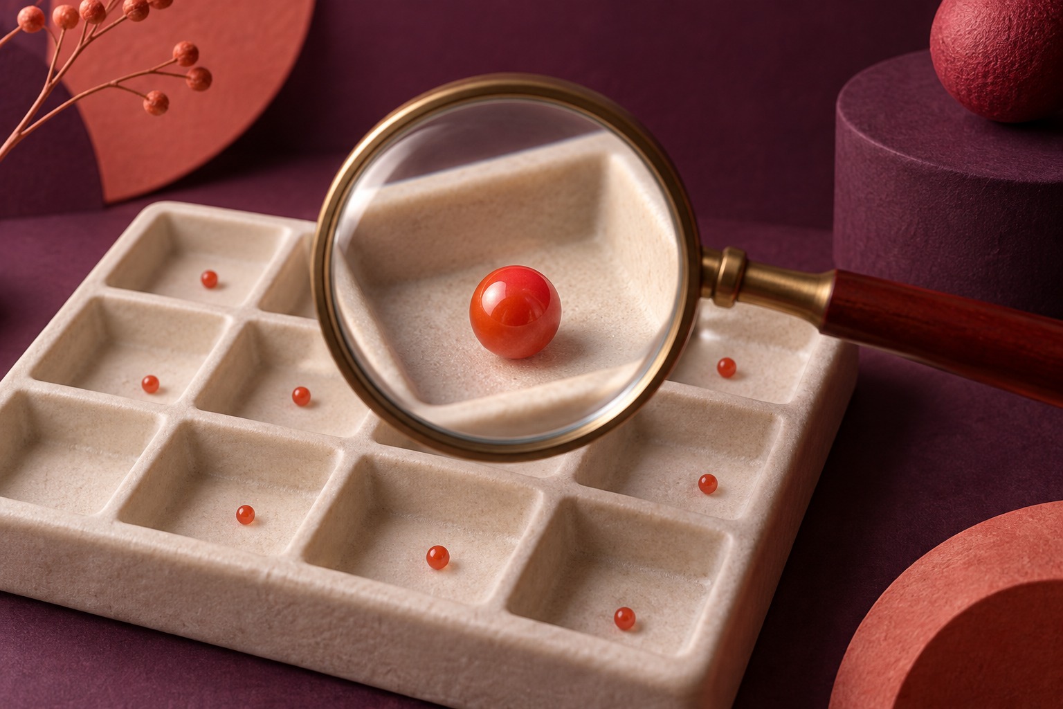 AI-illustratie van een vergrootglas dat een klein rood bolletje zichtbaar maakt in een vakkenbord, als metafoor voor kleine gegevenswaarden.