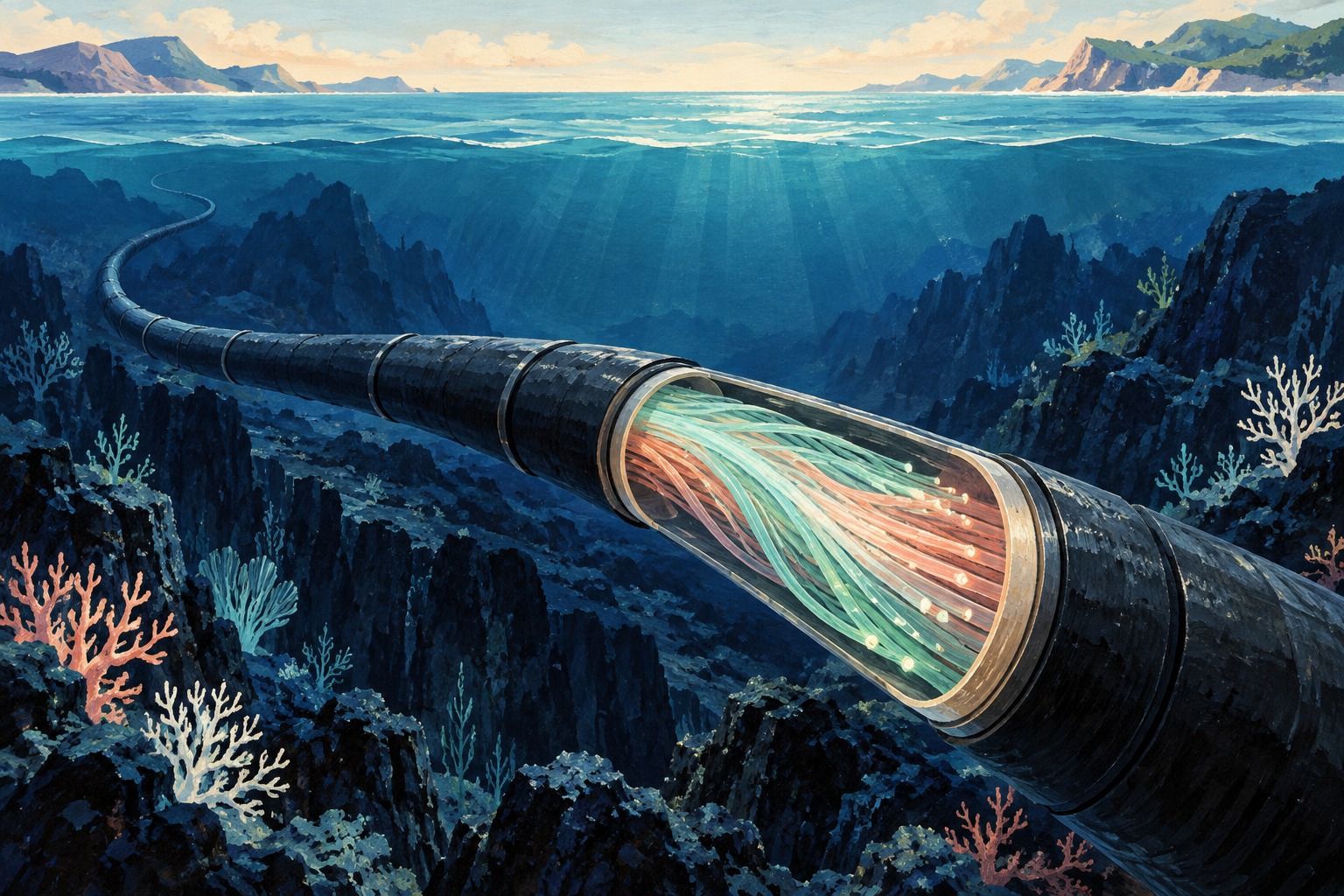 AI-illustratie van een zeekabel met oplichtende glasvezels onder de oceaan; een conceptbeeld, geen technische doorsnede.