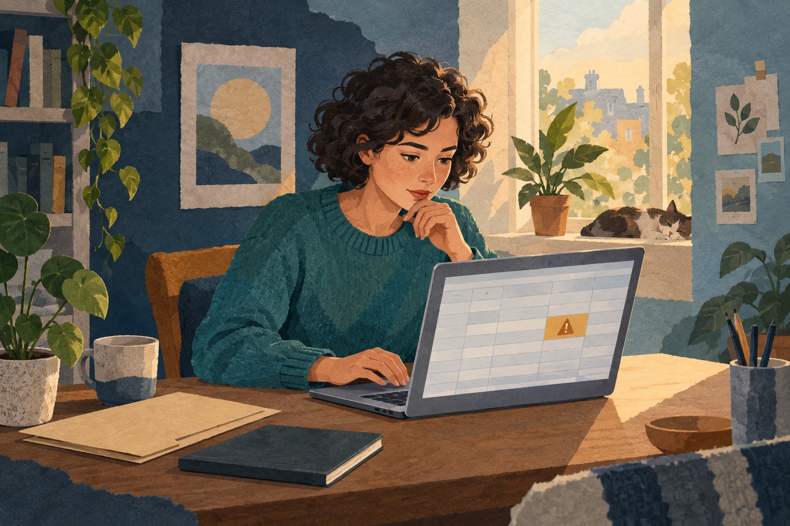 Illustratie van een student die een spreadsheet op een laptop bekijkt.