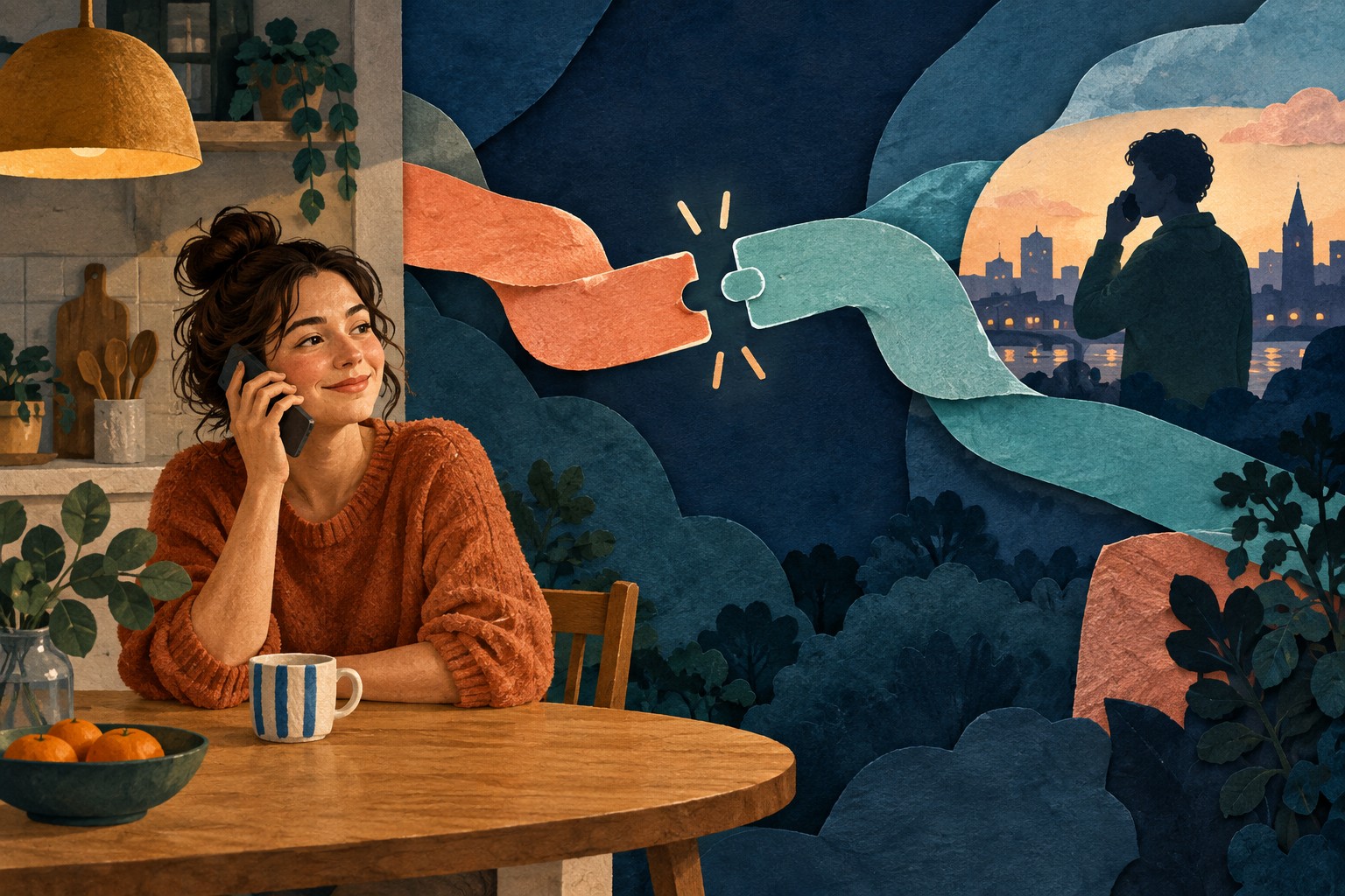 Geschilderde papiercollage van twee mensen die bellen; de abstracte verbinding tussen hen sluit in het midden niet goed aan.