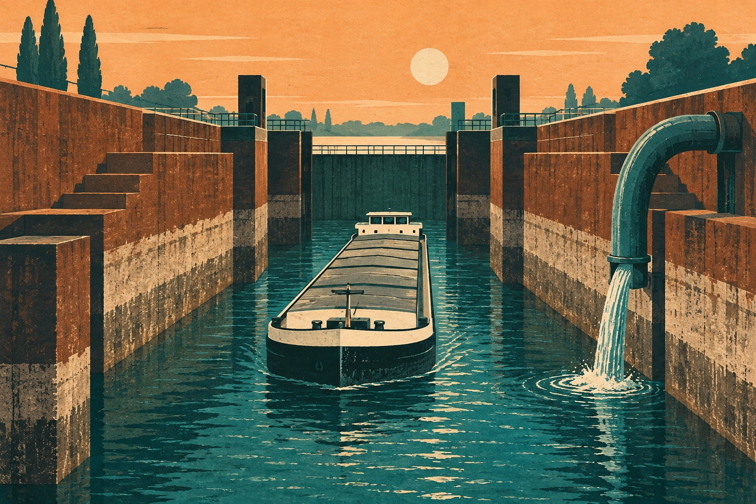 AI-illustratie van een vrachtschip tussen hoge sluiswanden, met laag water en een pomp die water toevoert; conceptbeeld, geen weergave van Eefde.