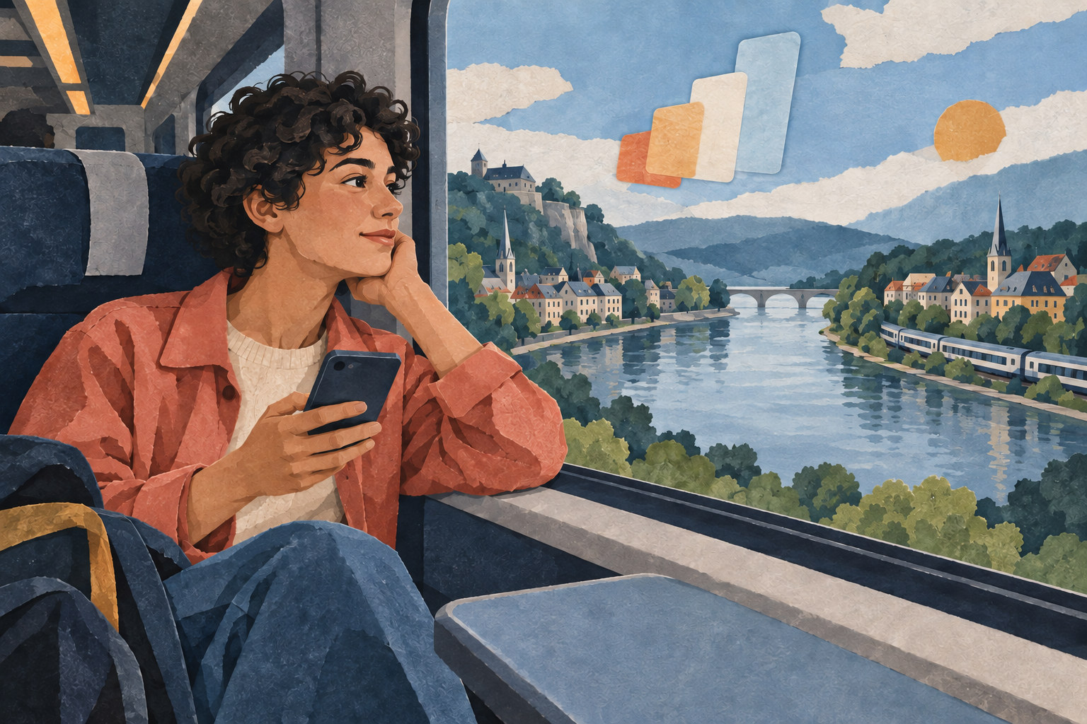 Conceptuele papiercollage: een jonge reiziger kijkt in de trein op haar telefoon tijdens een tocht door een Europees landschap.