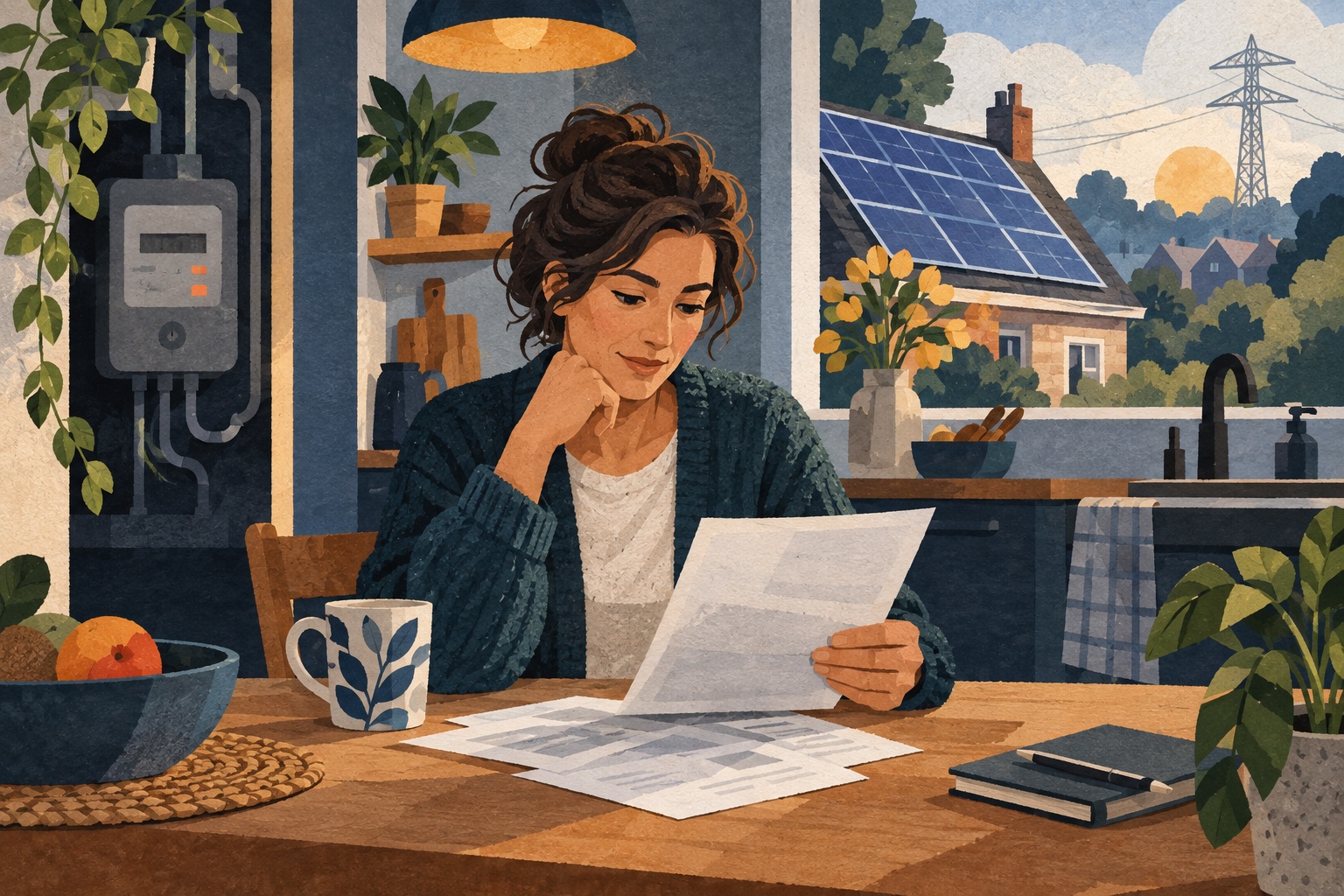 Conceptuele illustratie van een bewoner die aan de keukentafel een energierekening bekijkt, met zonnepanelen buiten het raam.