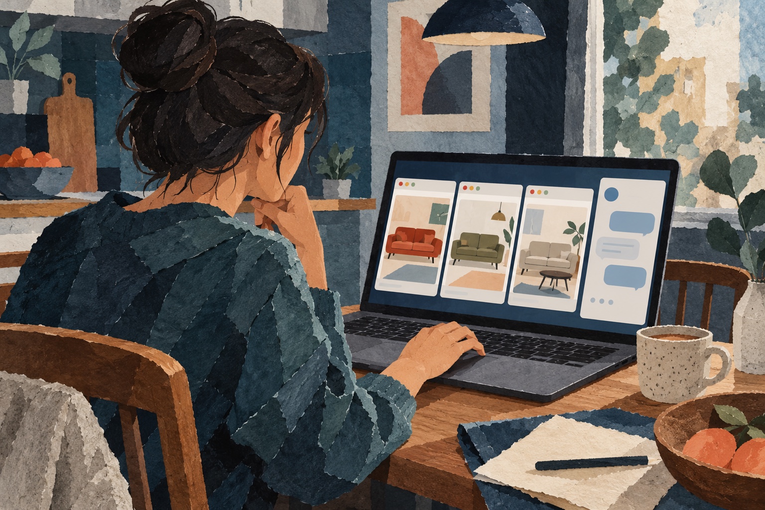 Papiercollage van een jongvolwassene die op een laptop drie meubelpagina’s vergelijkt naast een gesprekspaneel. Conceptbeeld, geen echte software-interface.