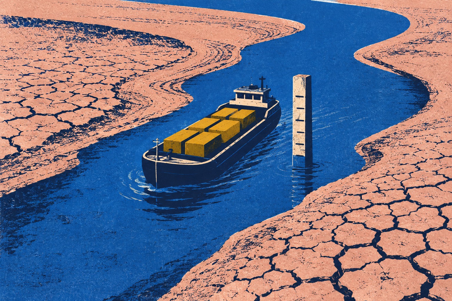 AI-illustratie in zeefdrukstijl van een vrachtschip, een peilschaal en drooggevallen oevers langs een smalle waterloop.