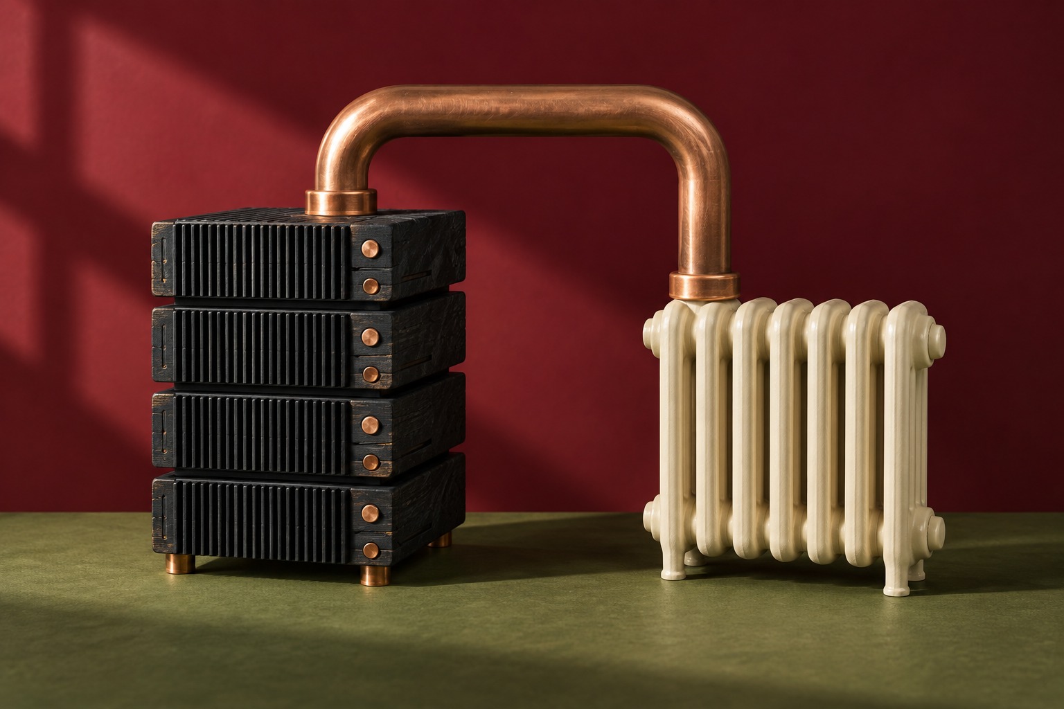 Conceptuele AI-illustratie: gestileerde servers zijn via een koperen buis verbonden met een radiator.