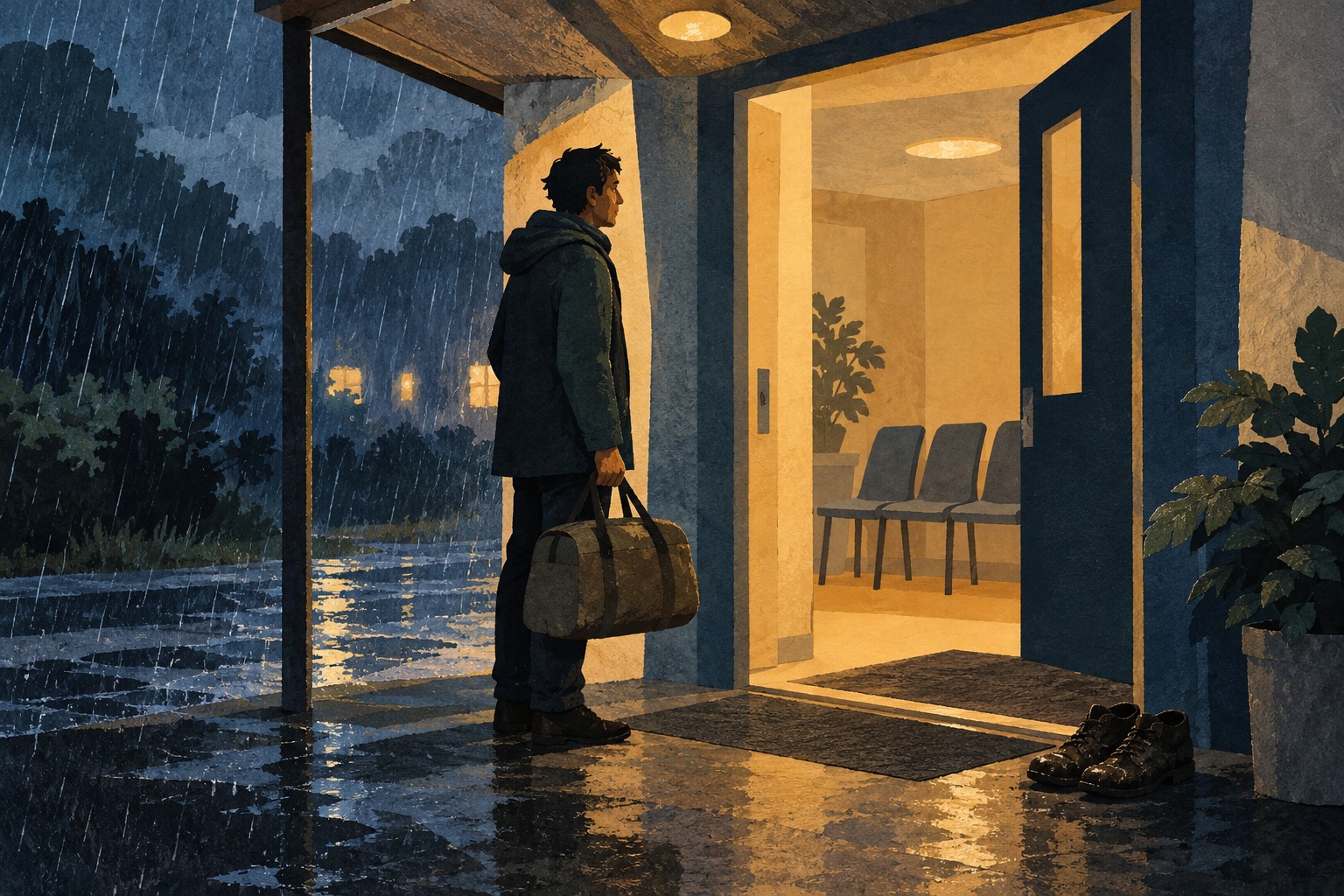 AI-illustratie van een persoon met een tas bij een overdekte ingang; buiten valt regen. Geen beeld van de nacht in Ter Apel.