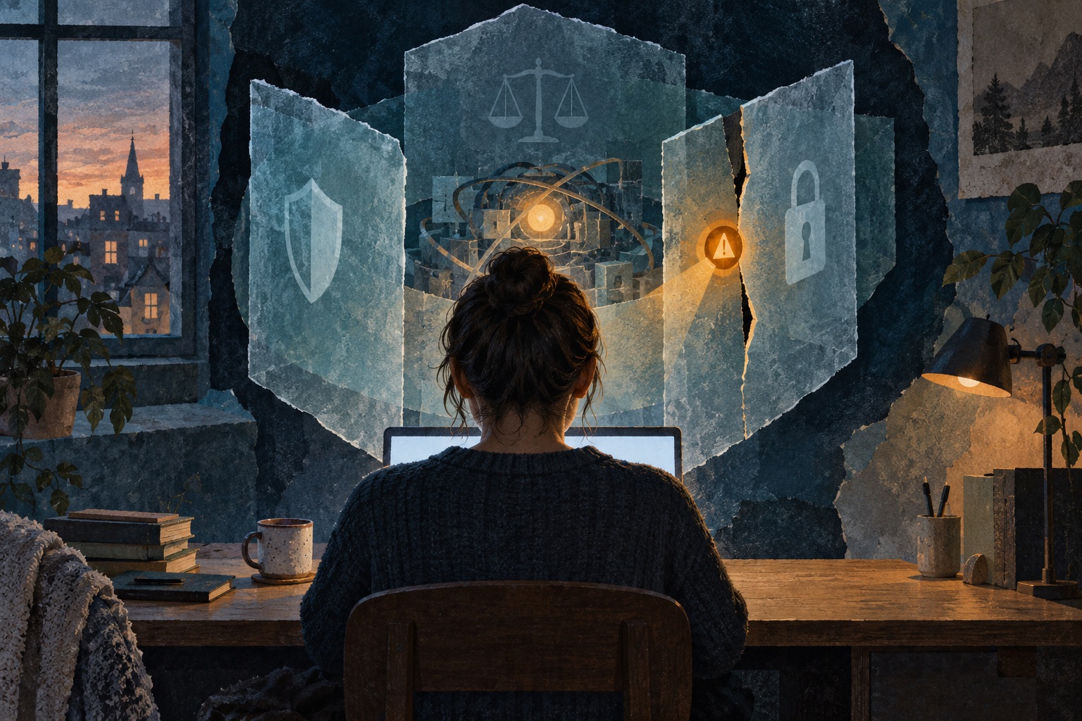 Conceptuele AI-illustratie: een jongvolwassene kijkt naar een laptop en gelaagde beschermpanelen, waarvan één een opening heeft.