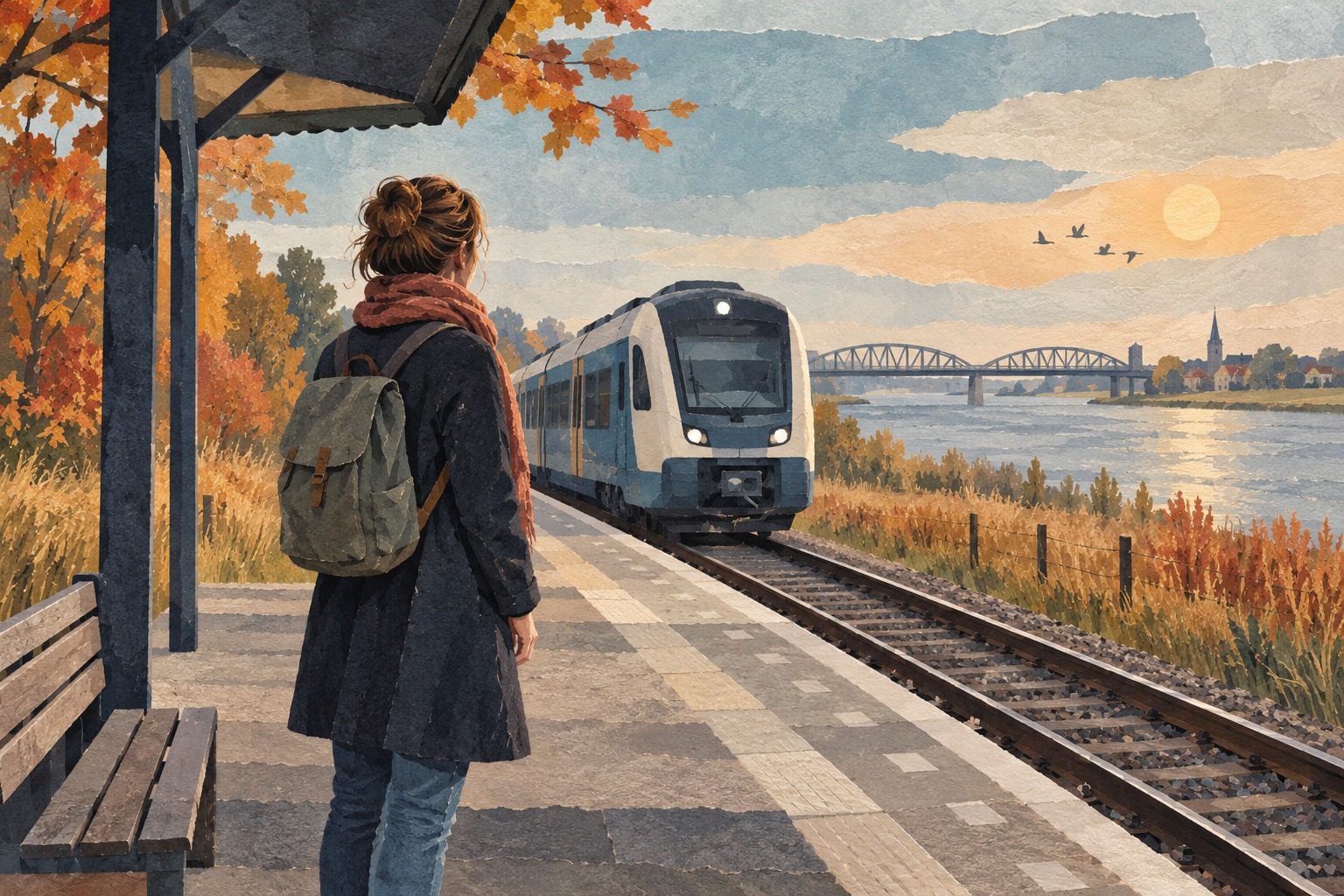 Illustratie van een reiziger met rugzak op een perron, met een regionale trein en een rivierbrug op de achtergrond.