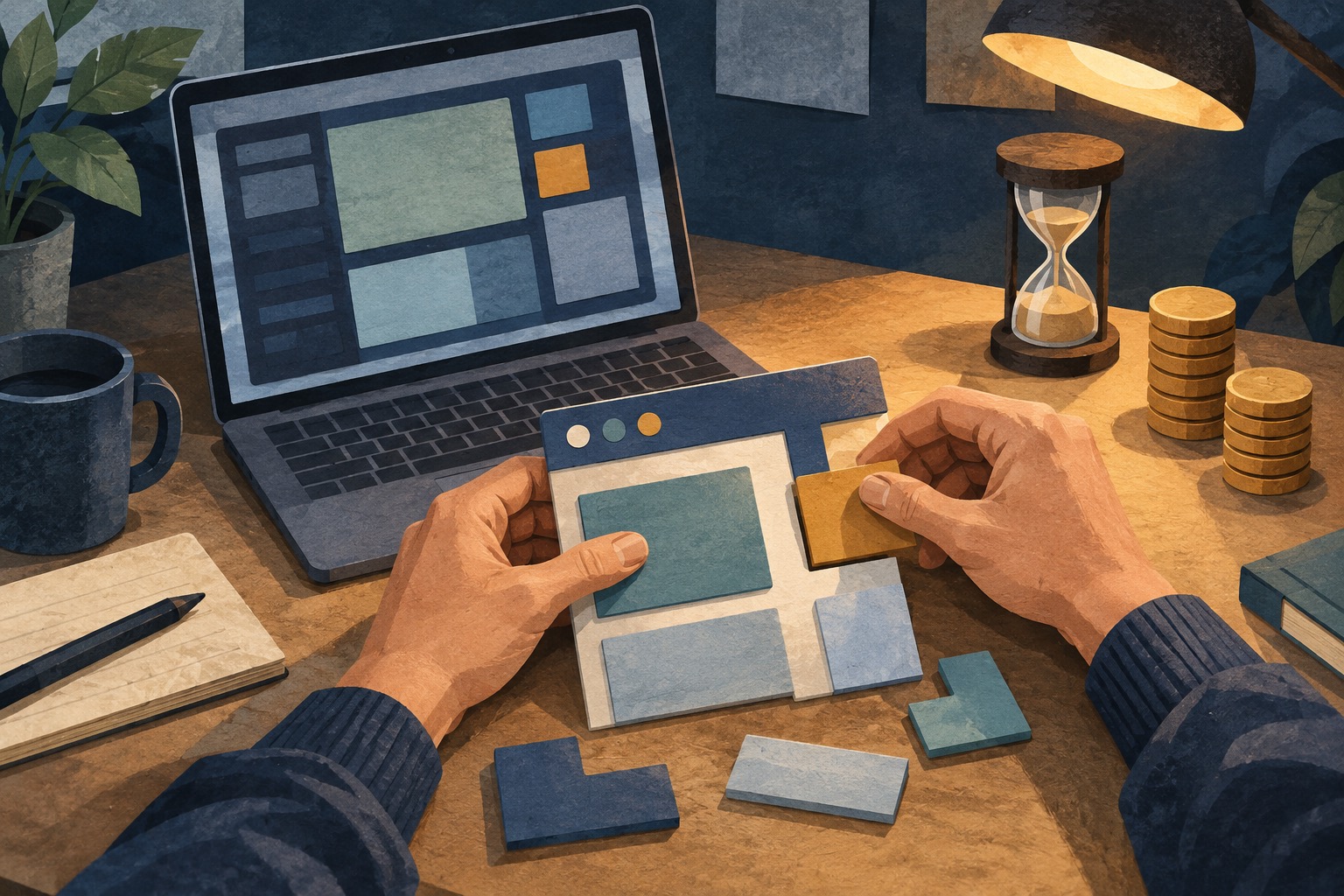 Conceptuele illustratie van handen die een papieren app samenstellen naast een laptop, zandloper en muntstapels.