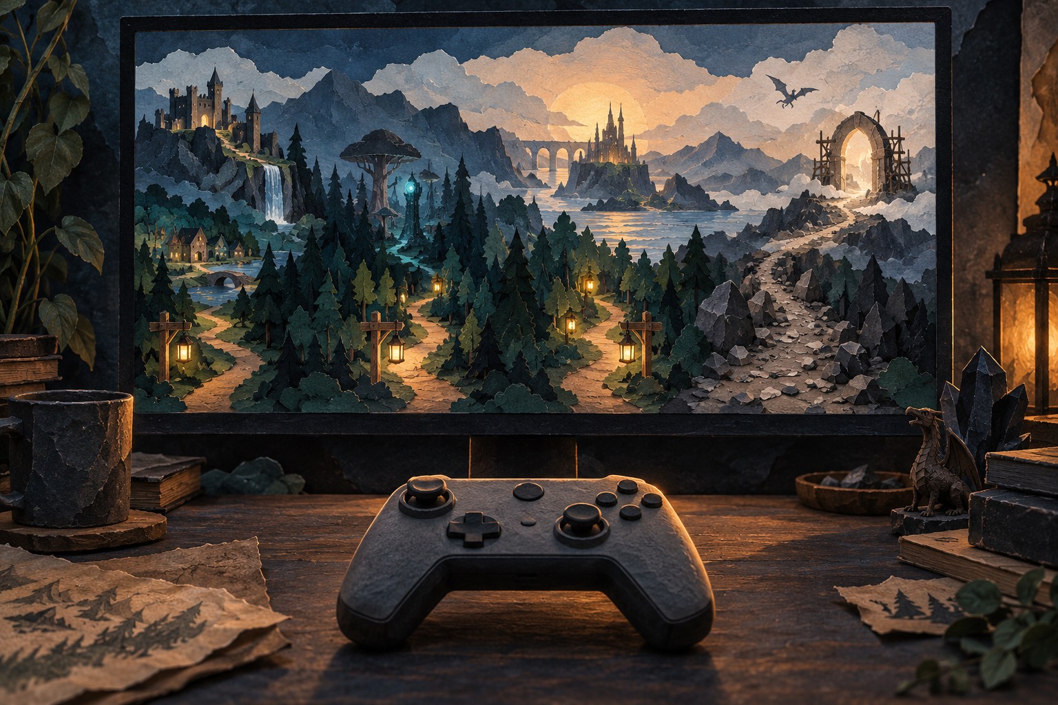Getekende spelcontroller voor een fantasiewereld met bestaande paden en een onvoltooide poort; conceptuele AI-illustratie.