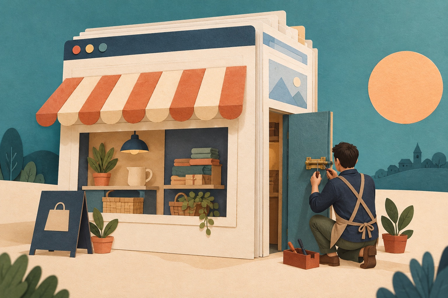 AI-illustratie van een kleine website als winkel, waarbij een deur wordt gerepareerd als beeld voor een beveiligingsupdate.
