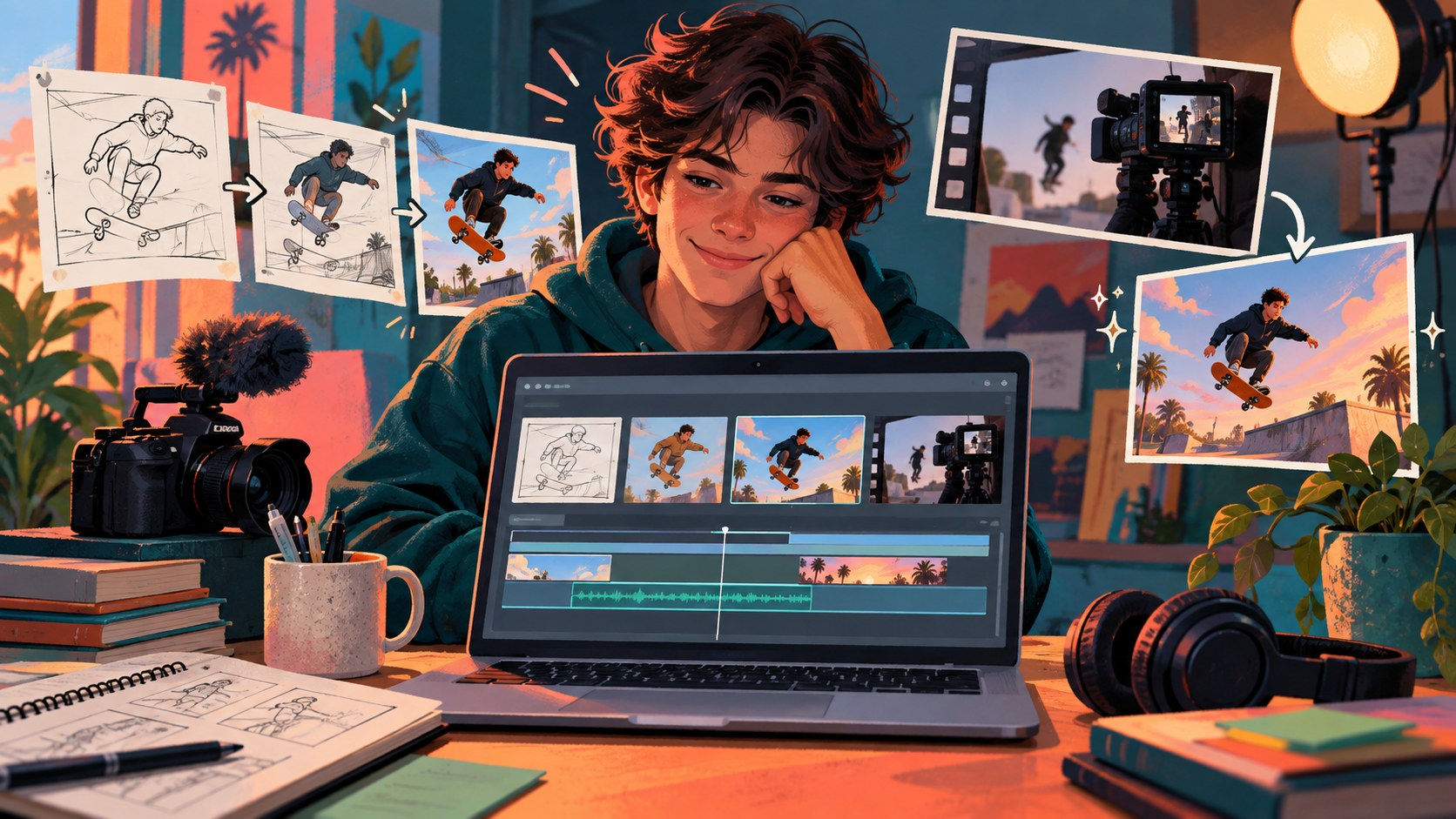 AI-illustratie van een jonge videomaker met schetsen, camera en videoclips op een laptop; het beeld toont geen echte Google Vids-interface.
