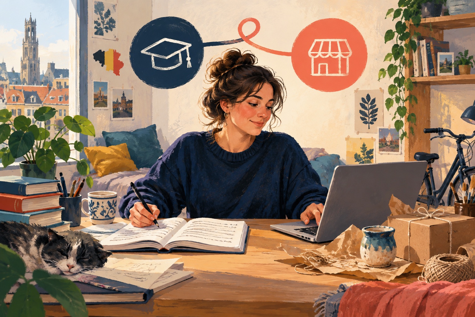 Conceptuele illustratie van een Belgische student die studie en een kleine zelfstandige activiteit combineert.