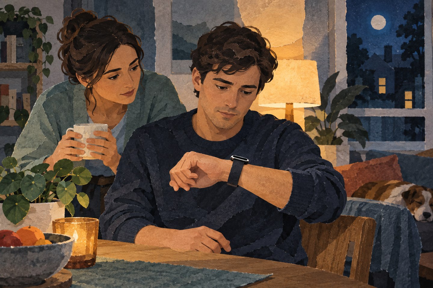 Geschilderde papiercollage van een jonge man die thuis met een naaste naar zijn horloge kijkt; conceptuele illustratie van een nieuwe gezondheidswaarschuwing.
