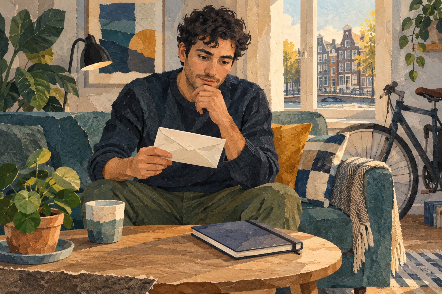 Conceptuele AI-illustratie van een jonge man op een bank met een envelop en studieboek; geen echte DUO-lener of afbeelding van een persoonlijk maandbedrag.