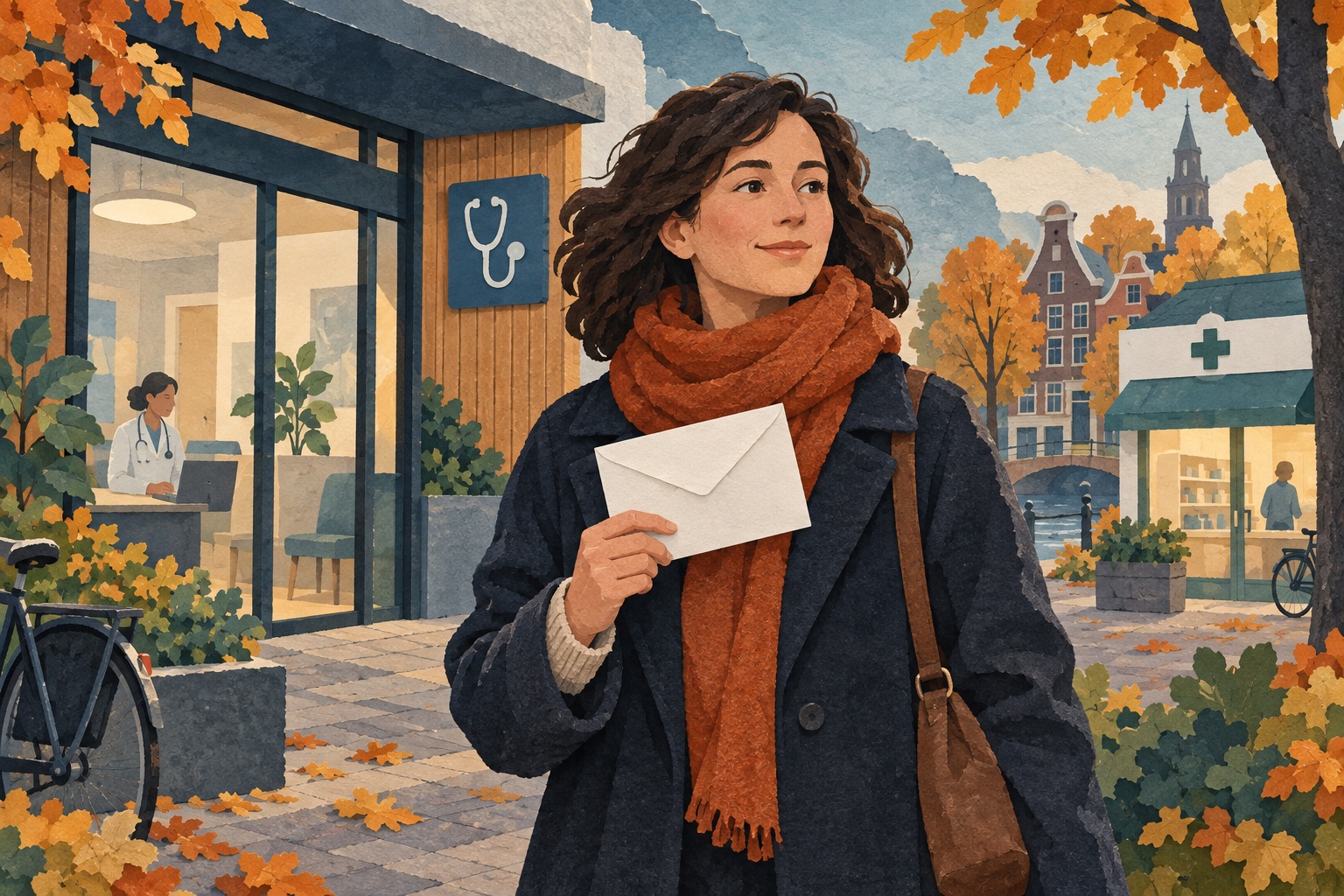 AI-illustratie: een anonieme vrouw houdt een blanco envelop vast bij een huisartsenpraktijk in de herfst; verderop is een apotheek zichtbaar.