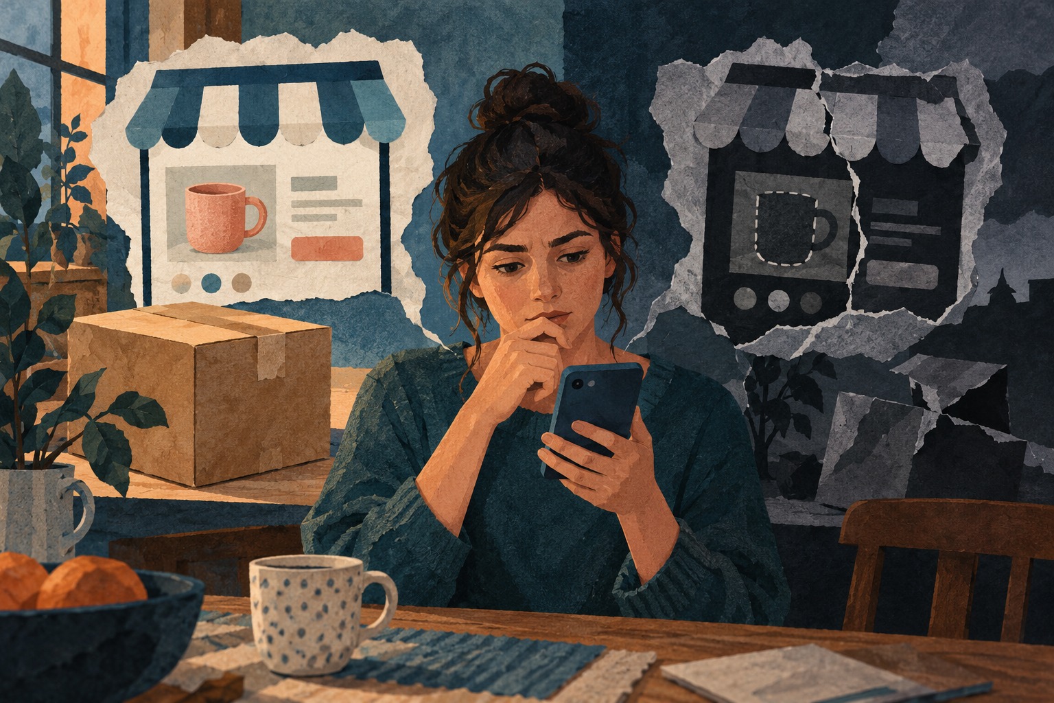 Conceptuele AI-papiercollage van een jonge koper met een telefoon tussen een gewone en een verscheurde nagemaakte webwinkel.