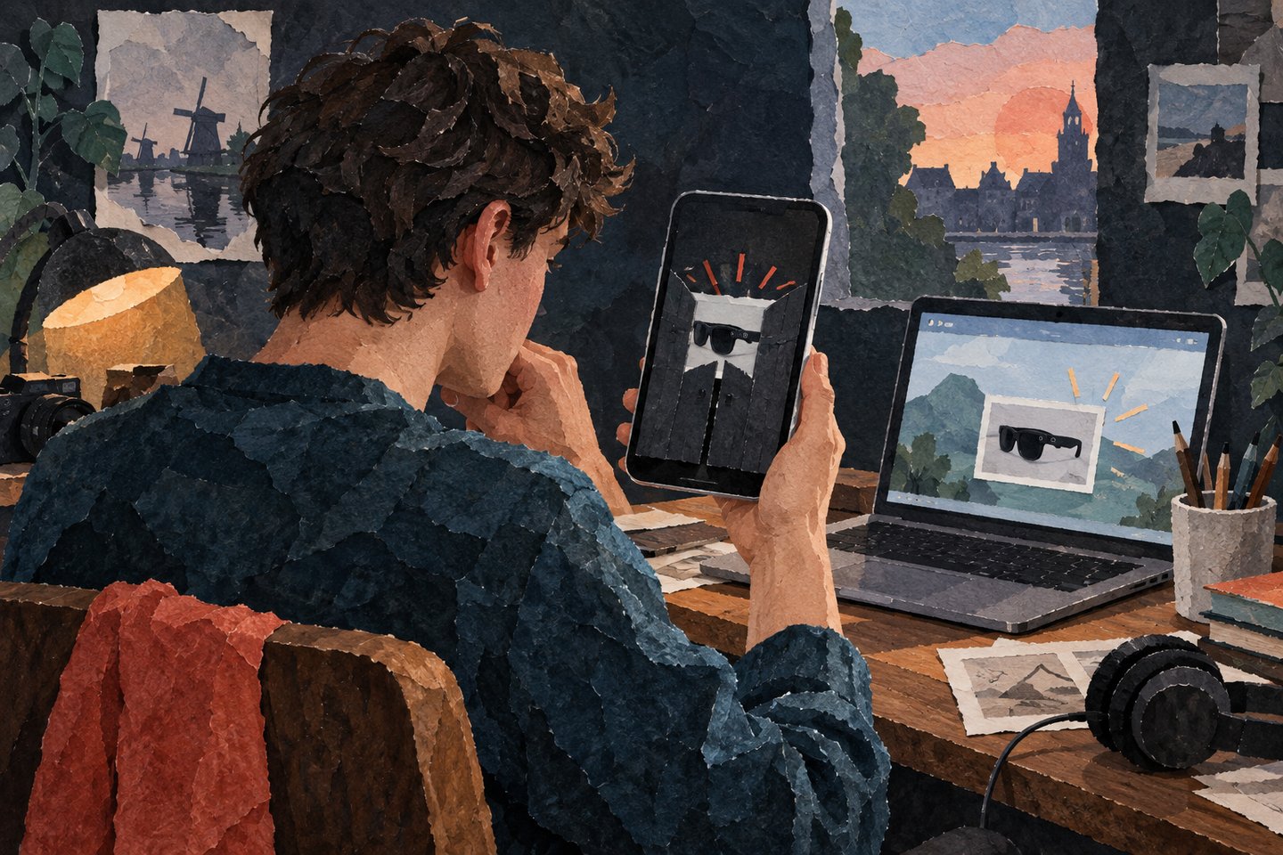 Geschilderde papiercollage: een maker ziet een filmpje over een camerabril op een telefoon verdwijnen, terwijl het op een andere pagina bereikbaar blijft.