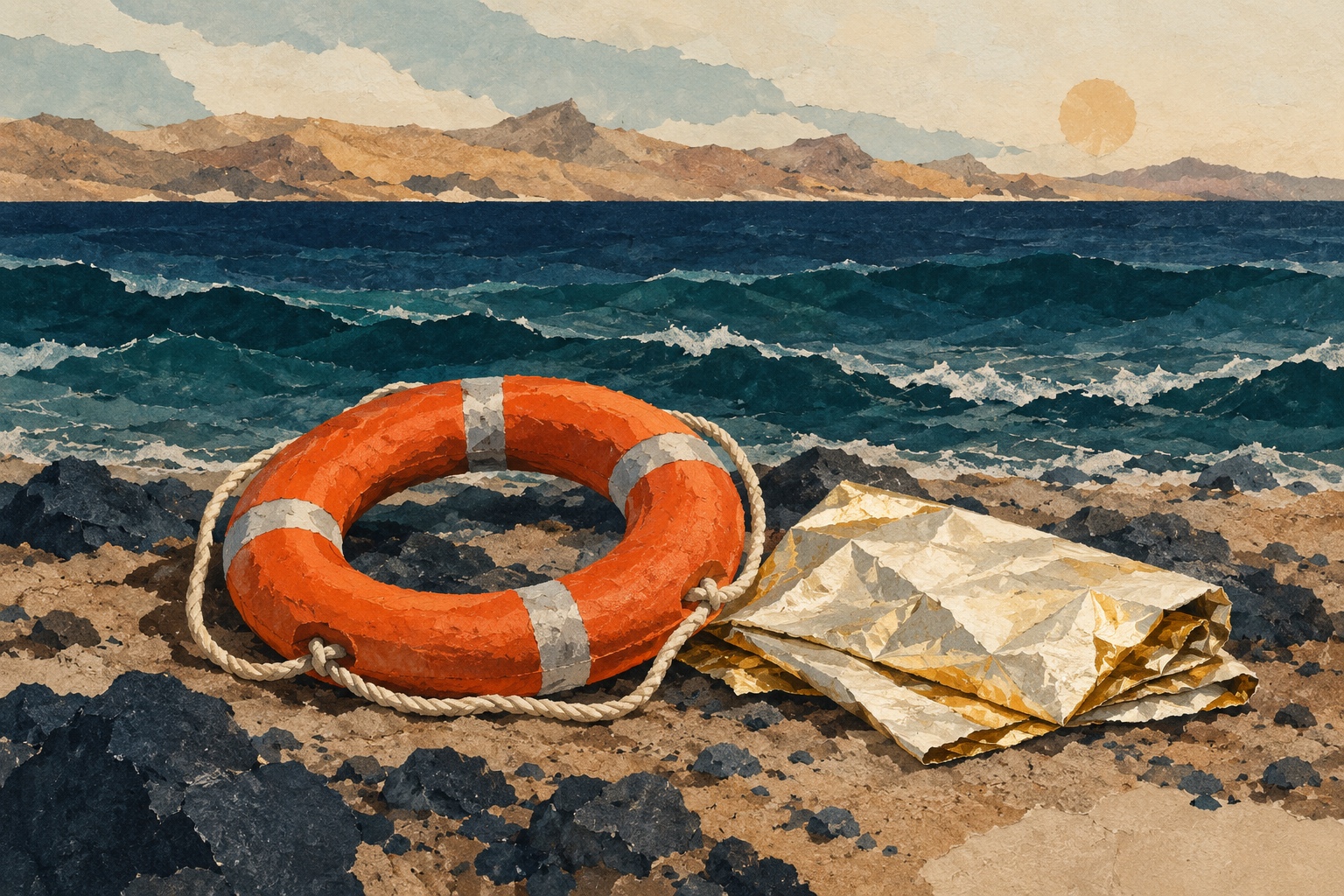 Conceptuele AI-illustratie van een reddingsboei en deken op een kust, met zee en droge heuvels op de achtergrond.