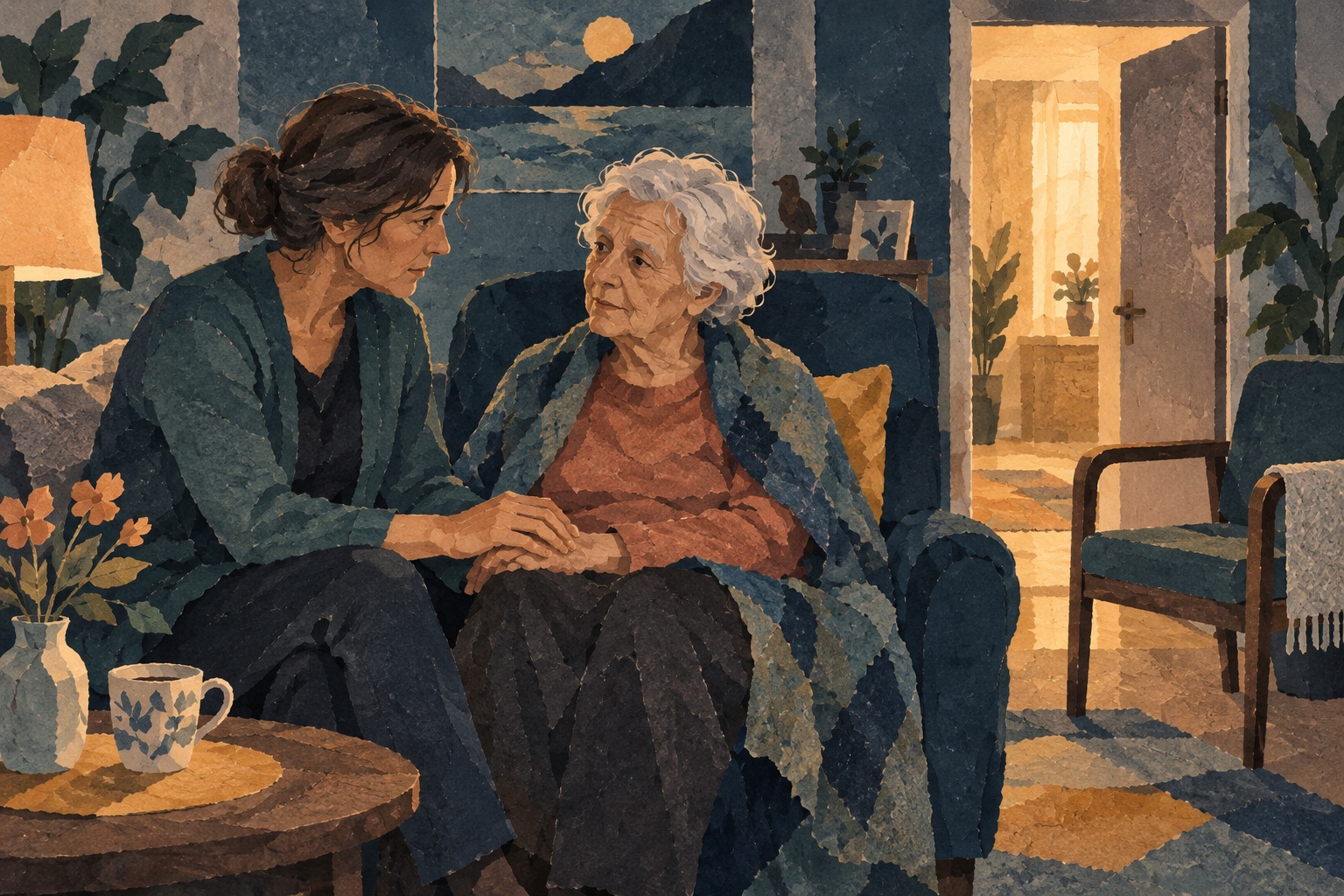 Conceptuele AI-illustratie van een oudere vrouw en een bezoekend familielid die elkaars handen vasthouden.